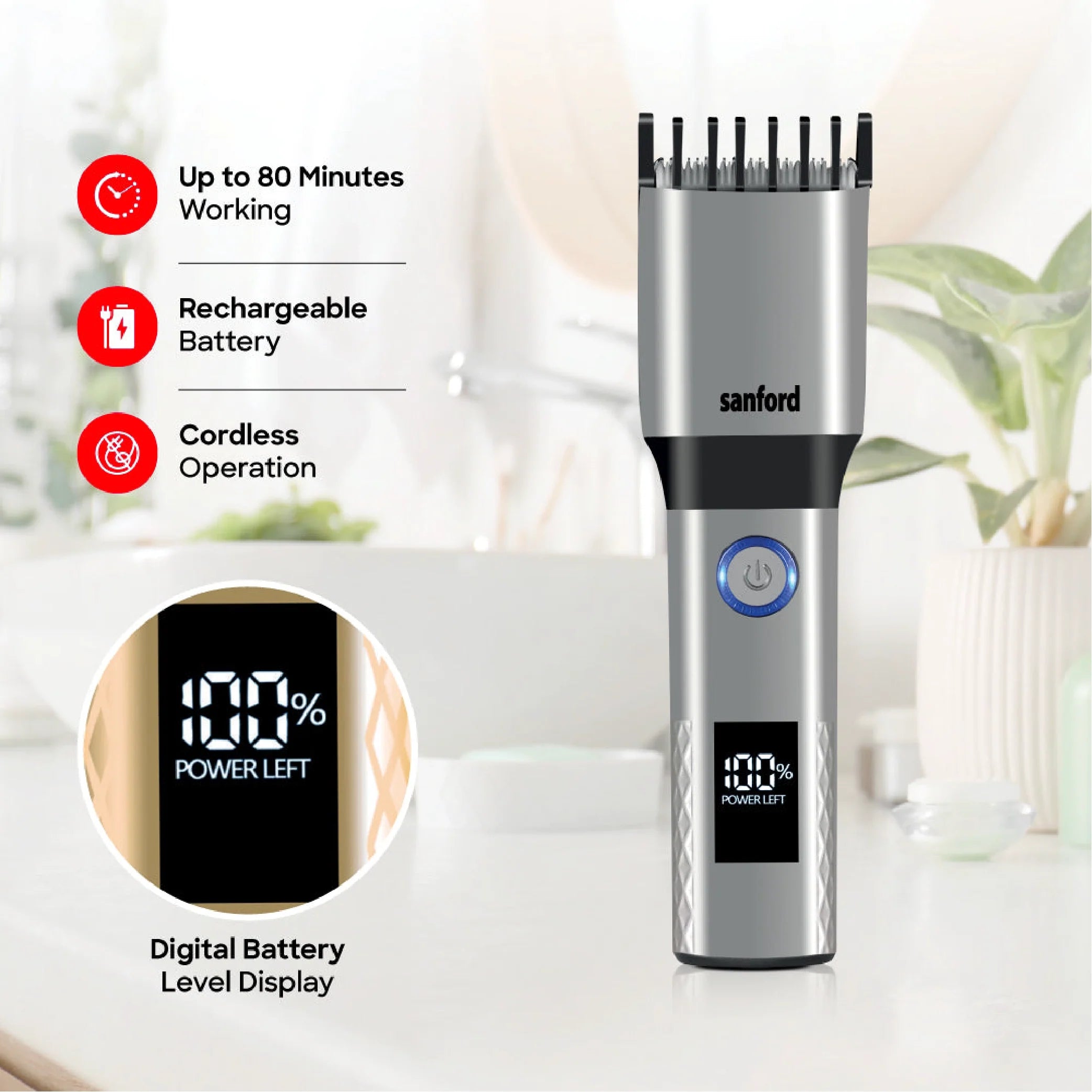 Sanford SF1953HC Hair Trimmer – cordless rechargeable digital display feature callout