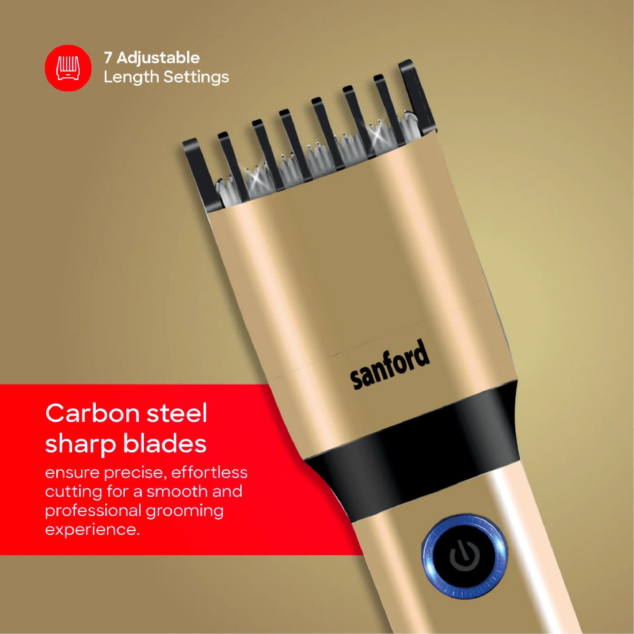 Sanford SF1953HC Hair Trimmer – carbon steel blades feature callout