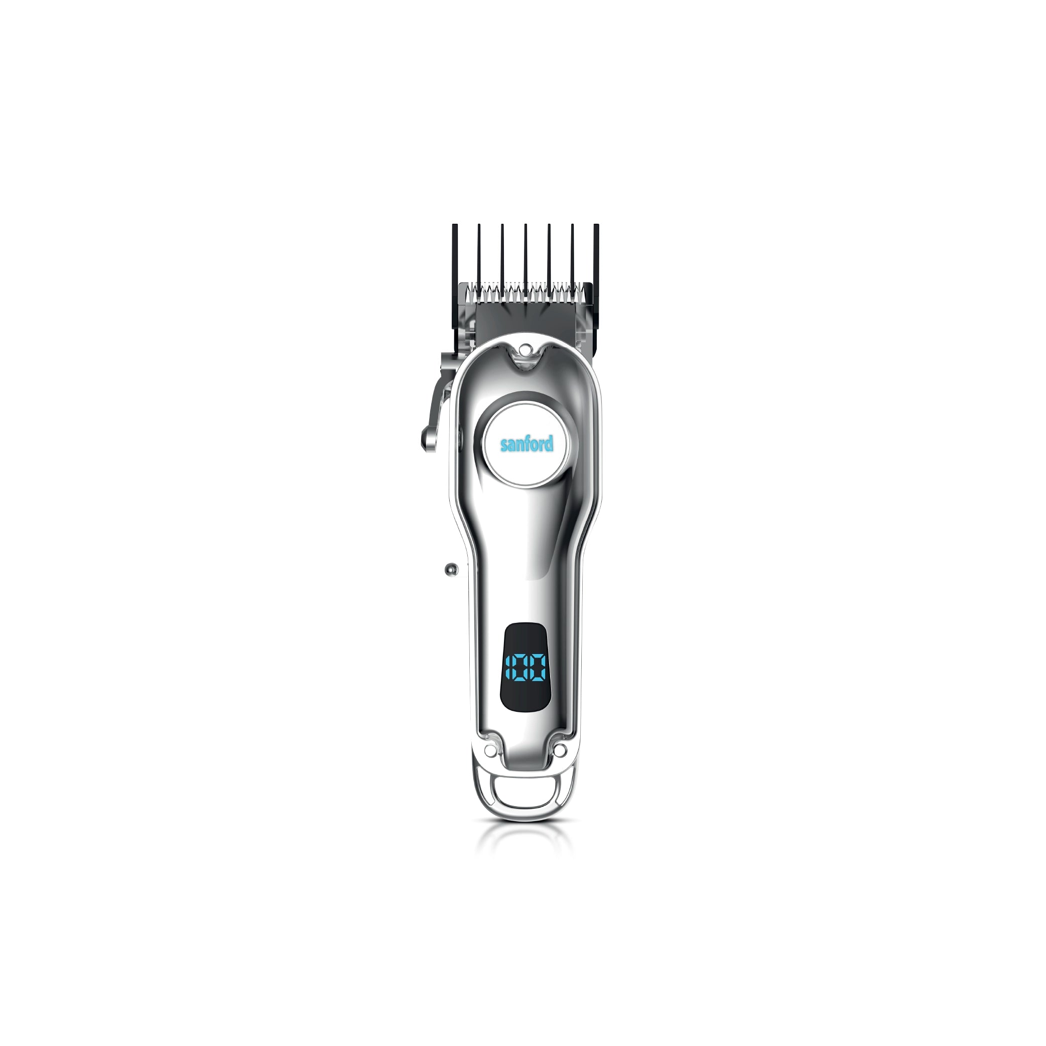 Sanford Hair Clipper with LCD Display – front view of the rechargeable hair clipper with stainless steel blade and digital LCD display on a white background.