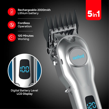 Sanford Hair Clipper with LCD Display – feature graphic highlighting the rechargeable battery, cordless operation, 120-minute working time, 5-in-1 design, and digital battery display.