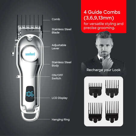 Sanford Hair Clipper with LCD Display – detailed product graphic showing the stainless steel blade, adjustable lever, LCD display, hanging ring, and four guide combs.