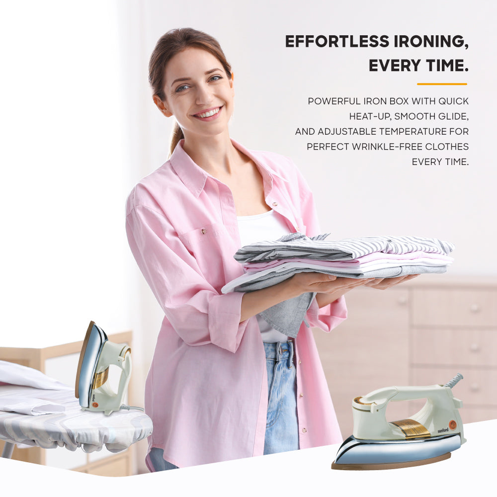 Sanford SF20DI Ceramic Dry Iron – lifestyle shot, woman with folded laundry