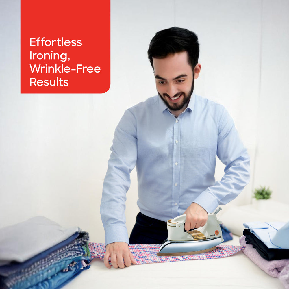 Sanford SF20DI Ceramic Dry Iron – lifestyle shot, man ironing a shirt
