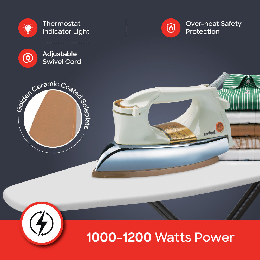 Sanford SF20DI Ceramic Dry Iron – 1000-1200W power & overheat safety feature callout