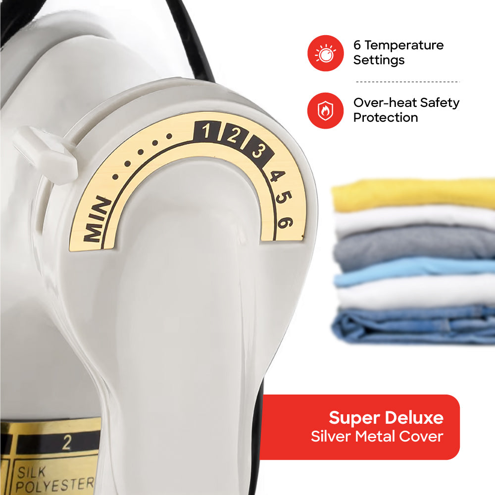 Sanford SF20DI Ceramic Dry Iron – silver metal cover & 6 temperature settings feature callout