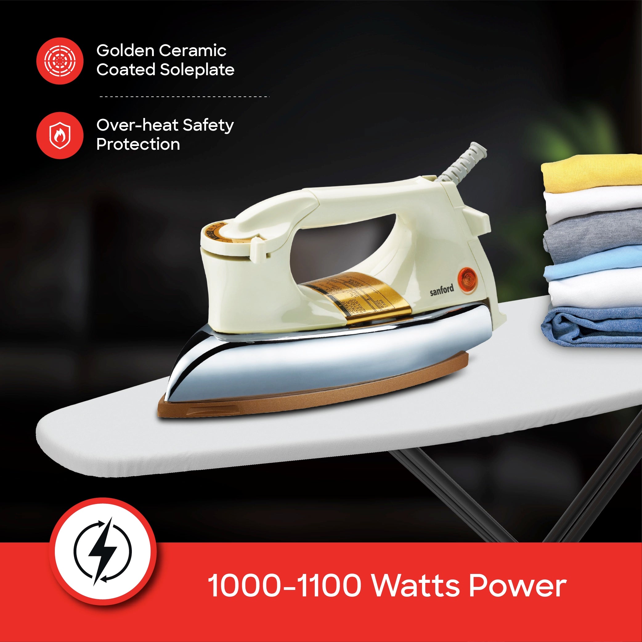 Dry iron 1100W golden ceramic soleplate heavyweight sanford 3