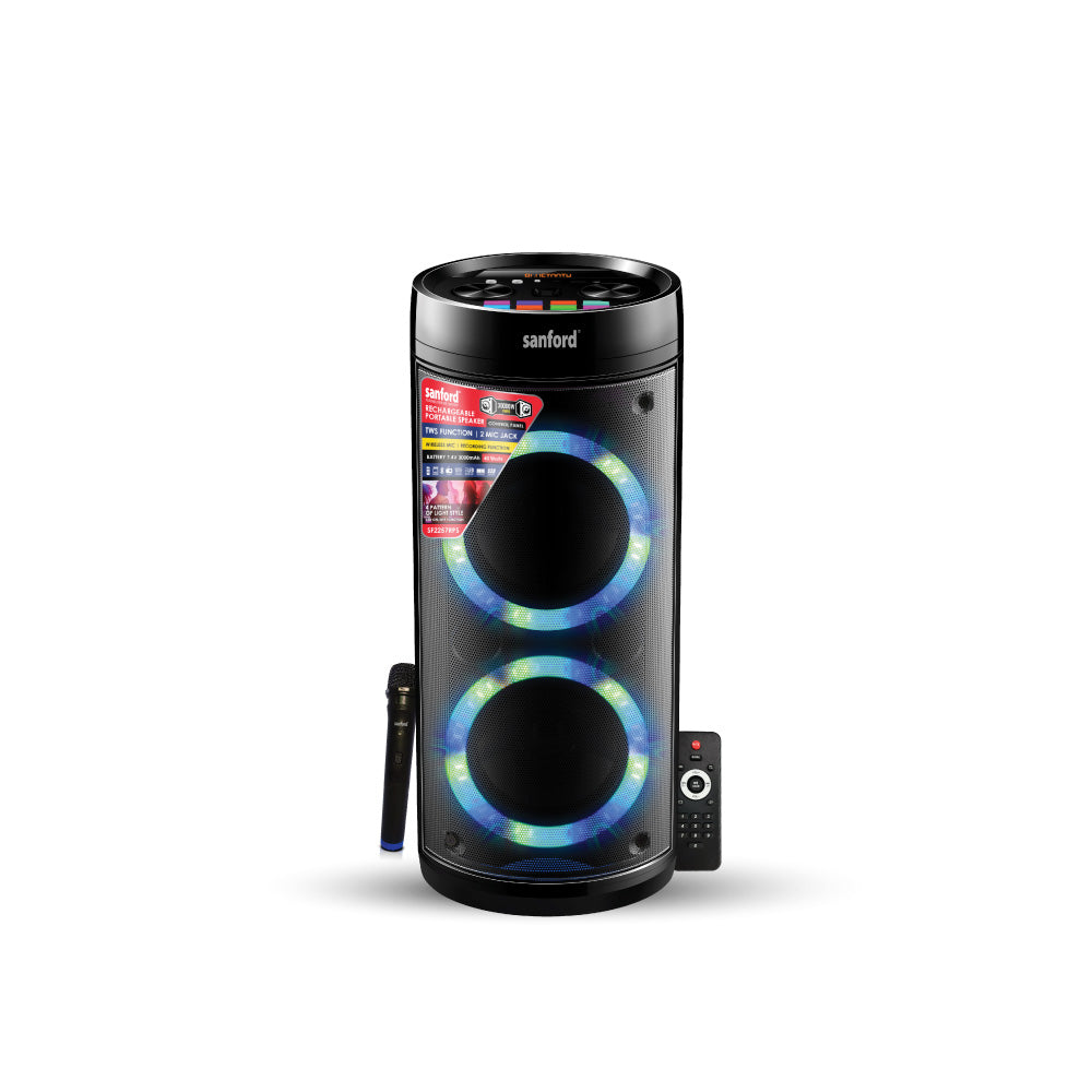 Sanford rechargeable portable stage speaker with wireless connectivity and karaoke function