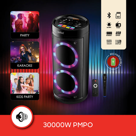 Sanford SF2257RPS-A Portable Stage Speaker – 30000W PMPO & Bluetooth feature callout