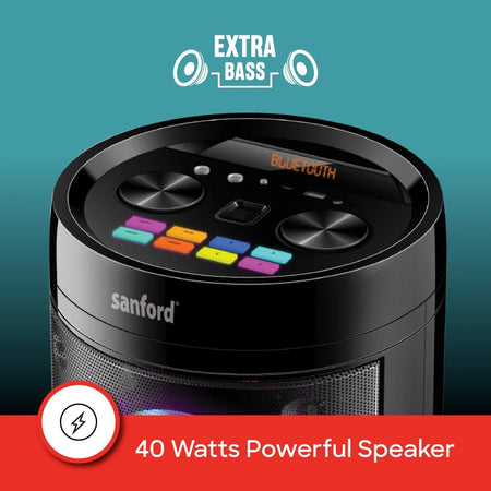 Sanford SF2257RPS-A Portable Stage Speaker – 40W extra bass control panel feature callout