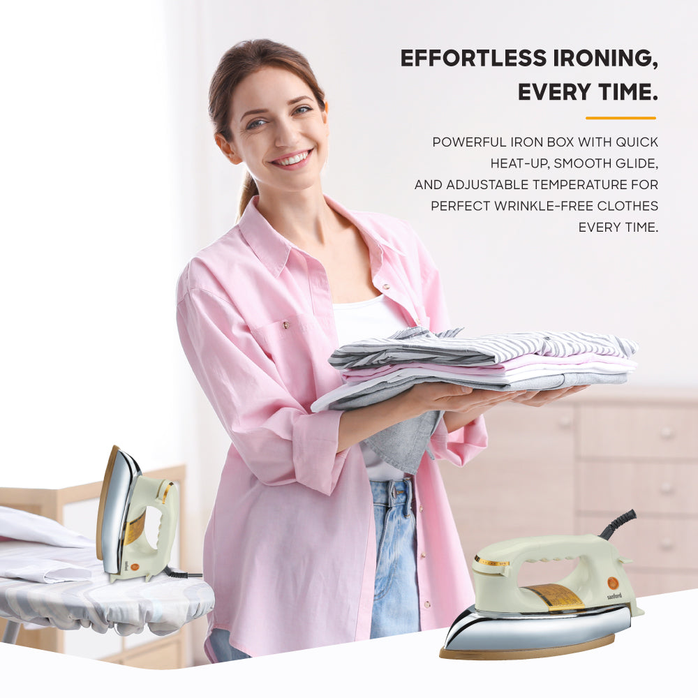 Dry iron 1200W golden ceramic soleplate heavyweight uniform heat control sanford 5
