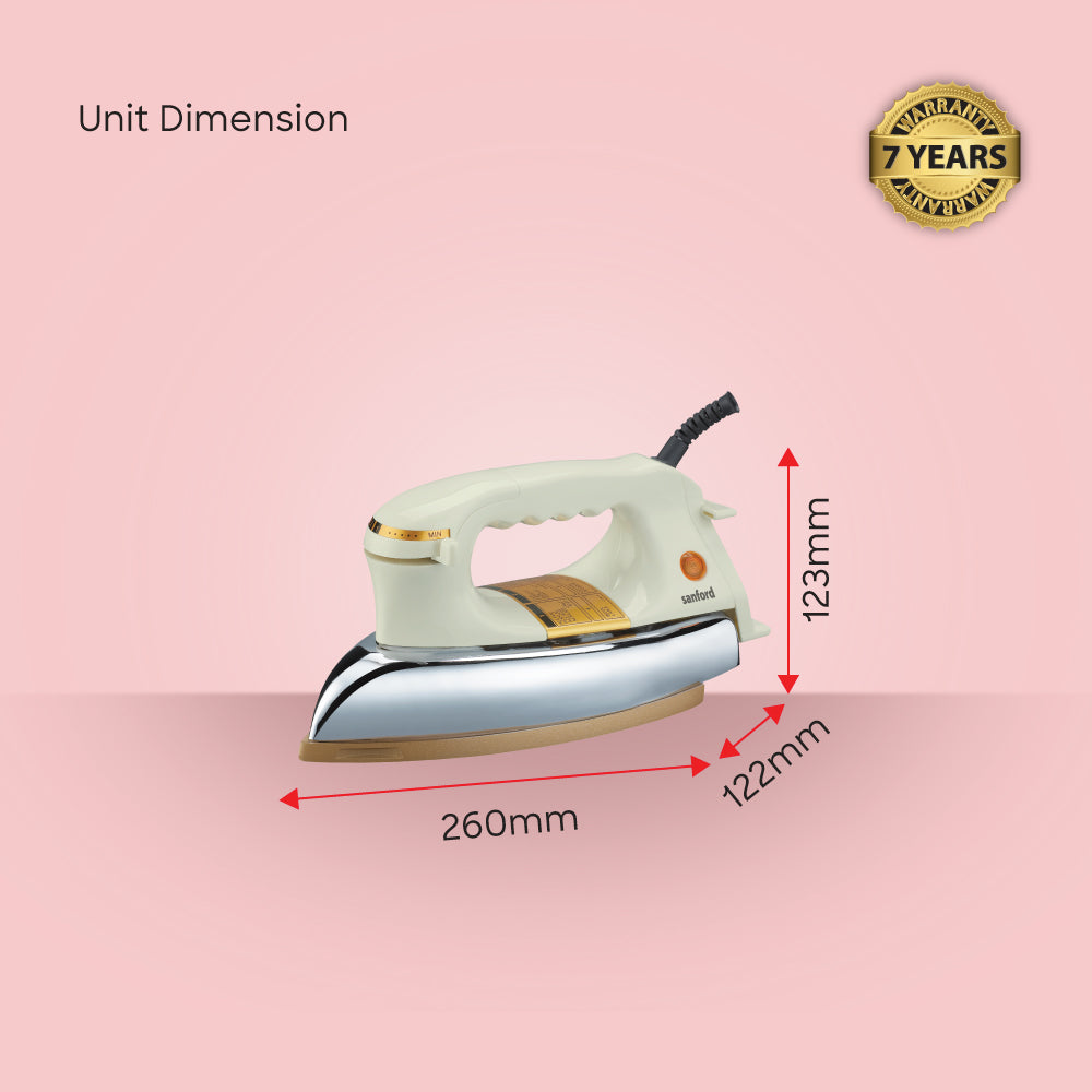 Dry iron 1200W golden ceramic soleplate heavyweight uniform heat control sanford 6