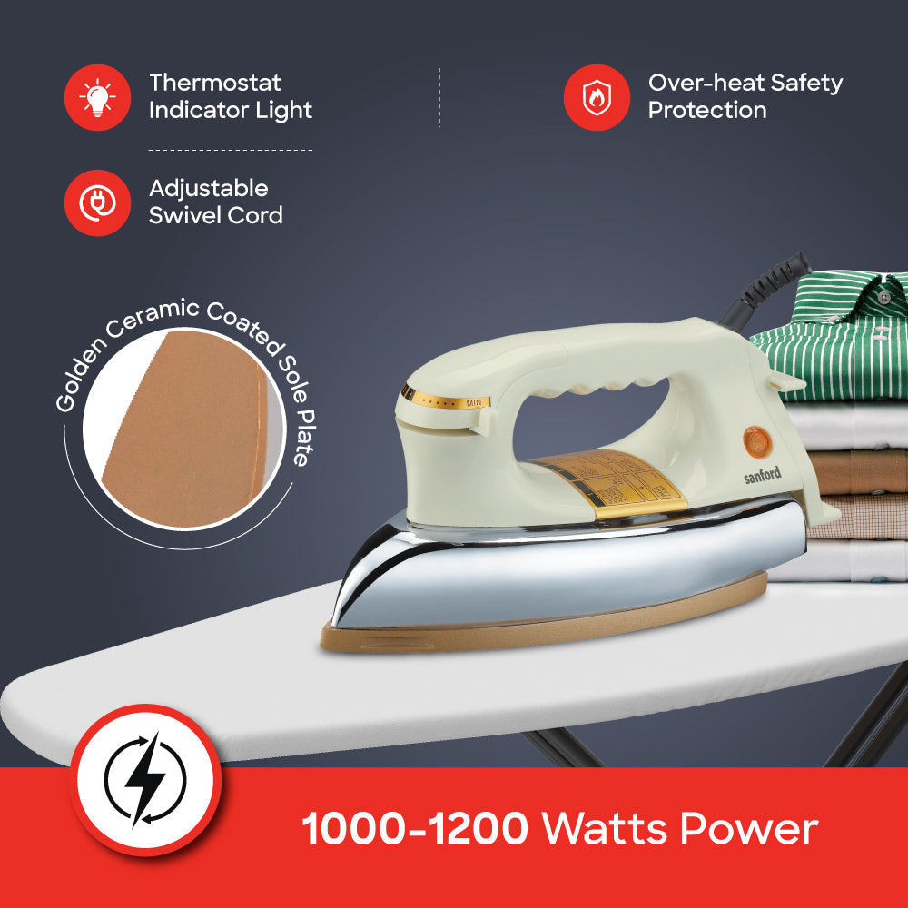 Dry iron 1200W golden ceramic soleplate heavyweight uniform heat control sanford 3