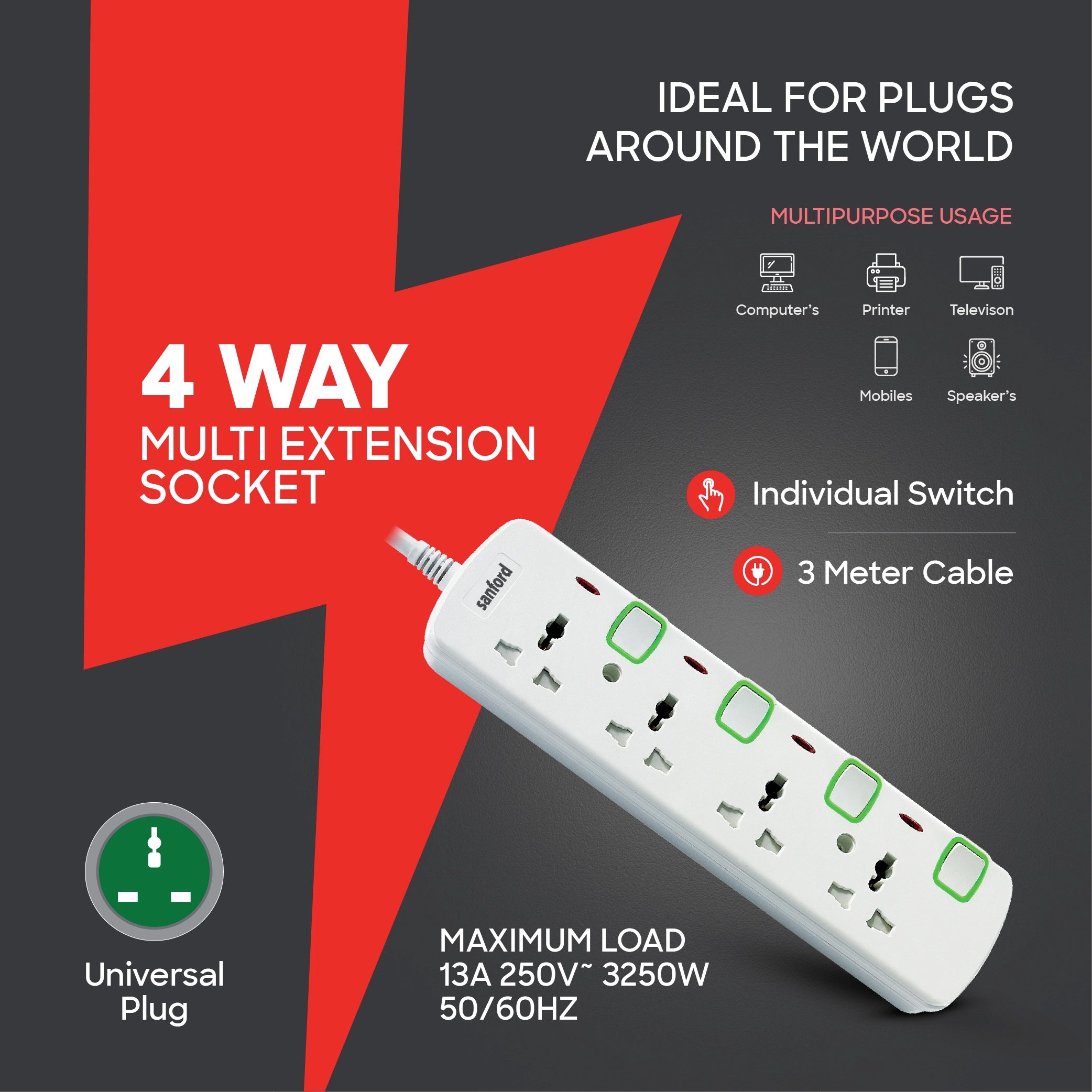 4 way extension socket 3 meter cable individual switches sanford 3