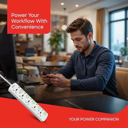 Sanford SF2303ES 5-Way Extension Socket – lifestyle shot, man working at desk