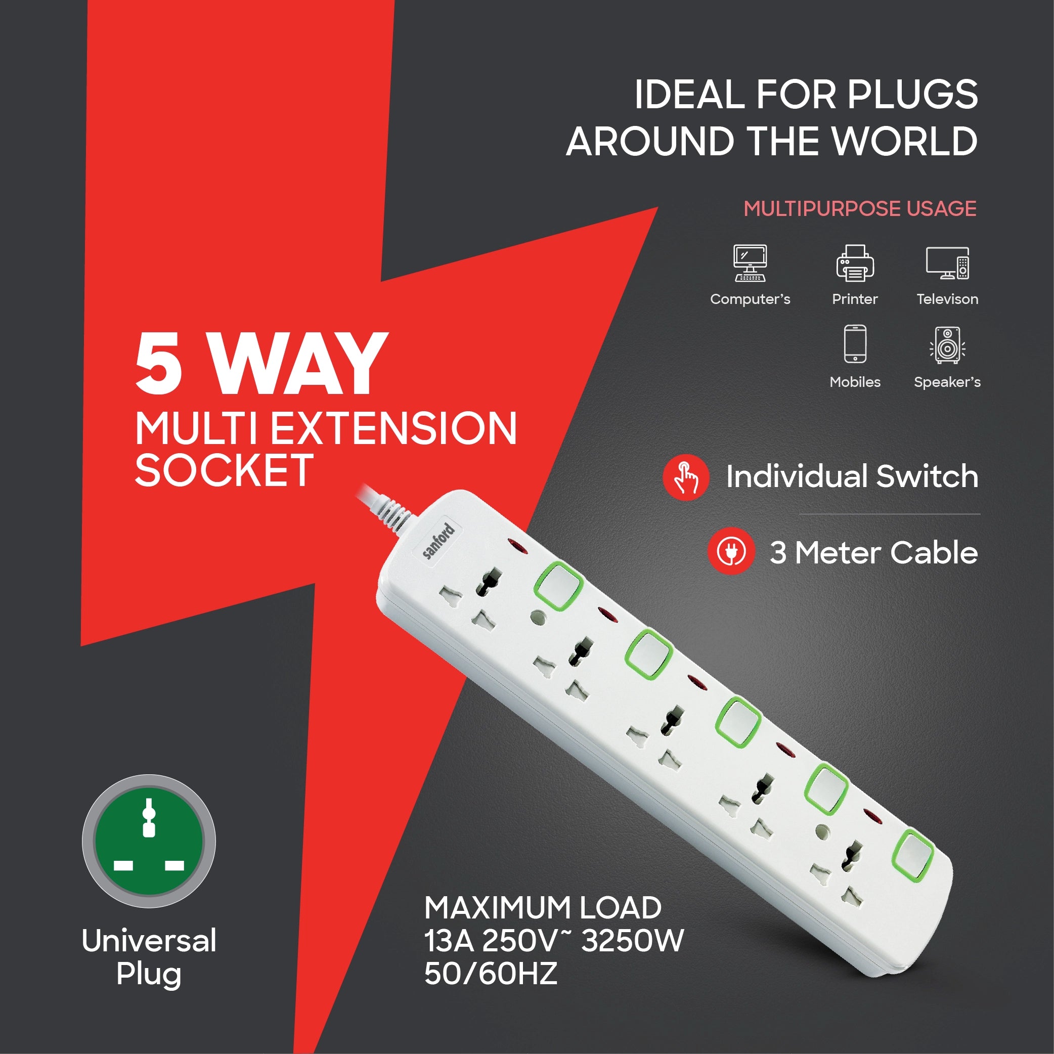 5 way extension socket 5 meter cable individual switches sanford 3