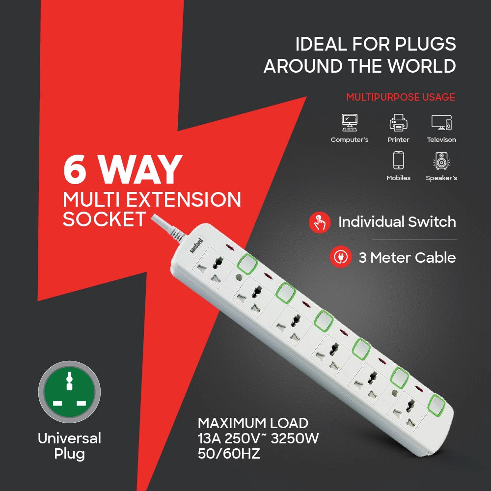 multi plug extension socket 3 m cable 13A 3250W sanford 3