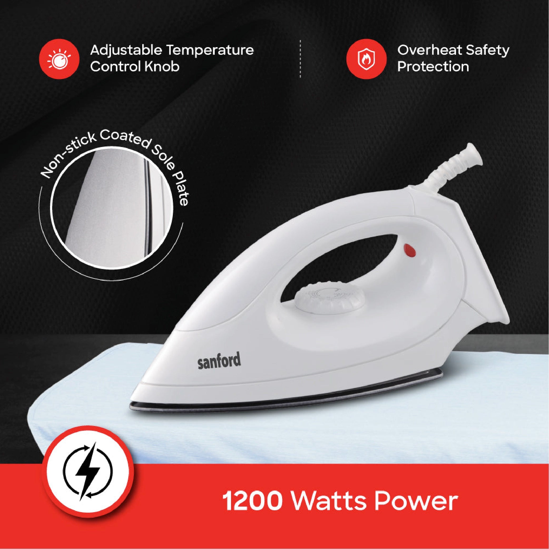 Dry iron 1200W with non stick soleplate overheat protection safe ironing sanford 3