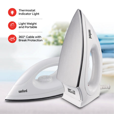 Sanford SF23DI Non-Stick Dry Iron – thermostat indicator and 360° swivel cable feature callout