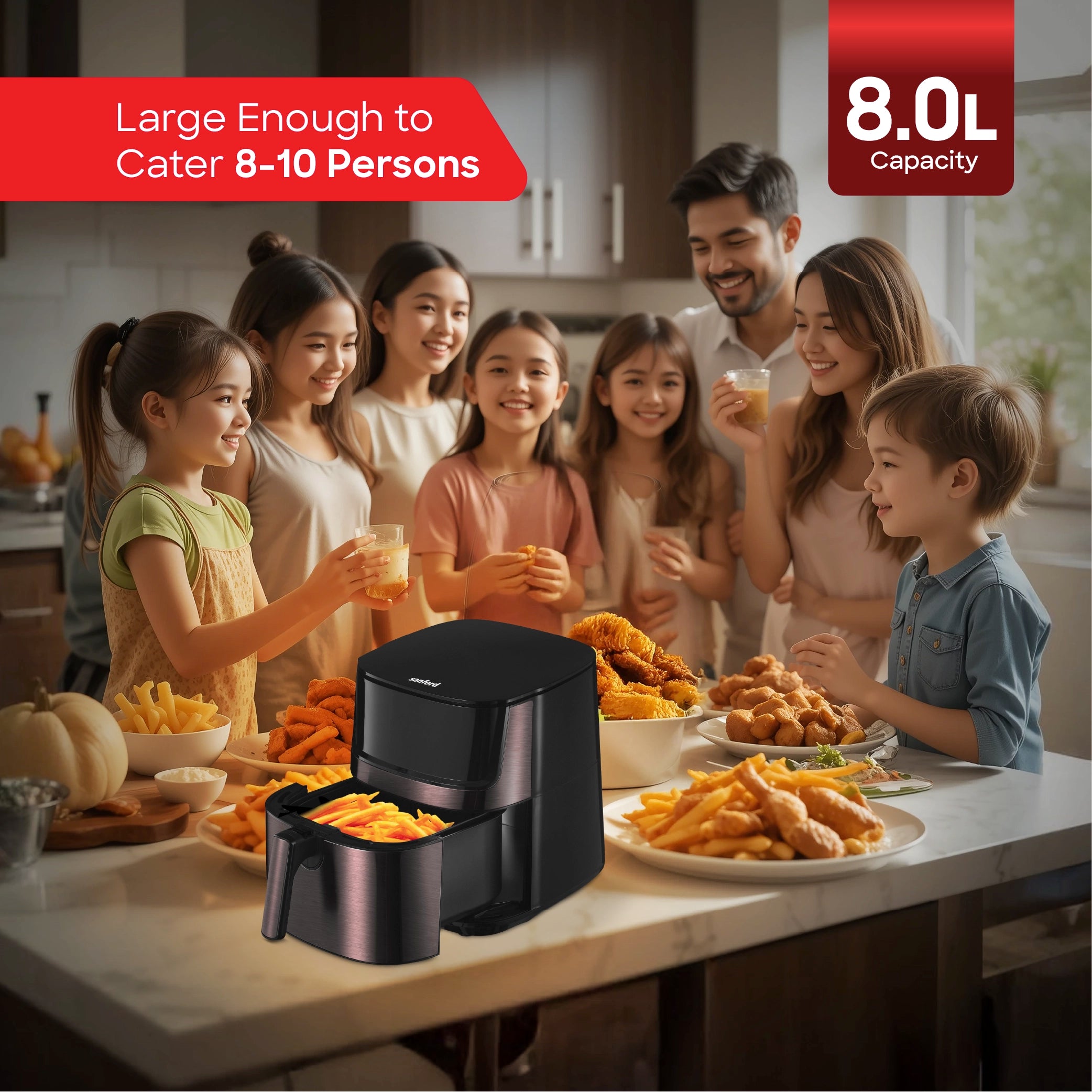 	Sanford SF2458AF BS Air Fryer – lifestyle shot, family meal with 8.0L capacity