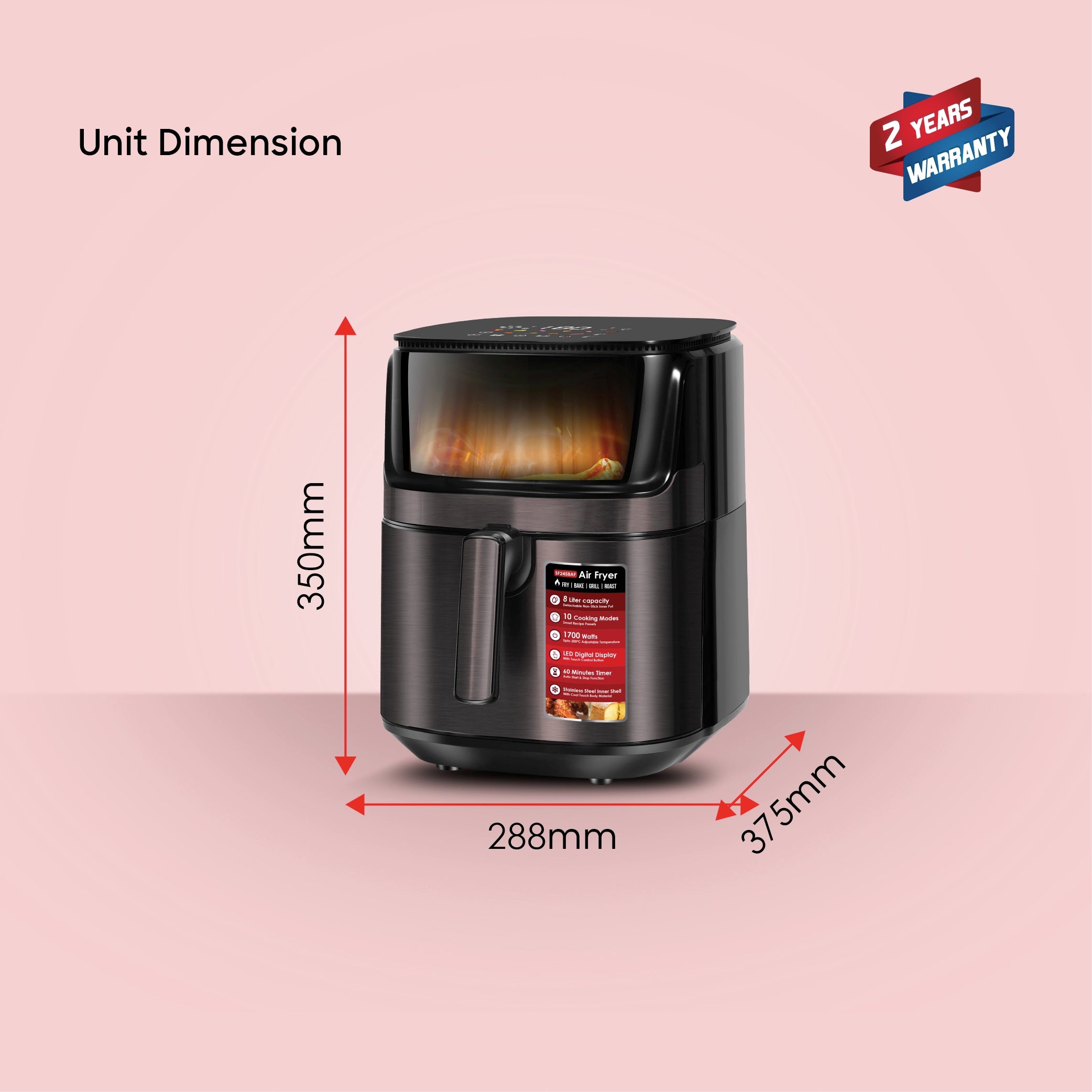 Sanford SF2458AF BS Air Fryer – unit dimensions, 288mm W x 375mm D x 350mm H