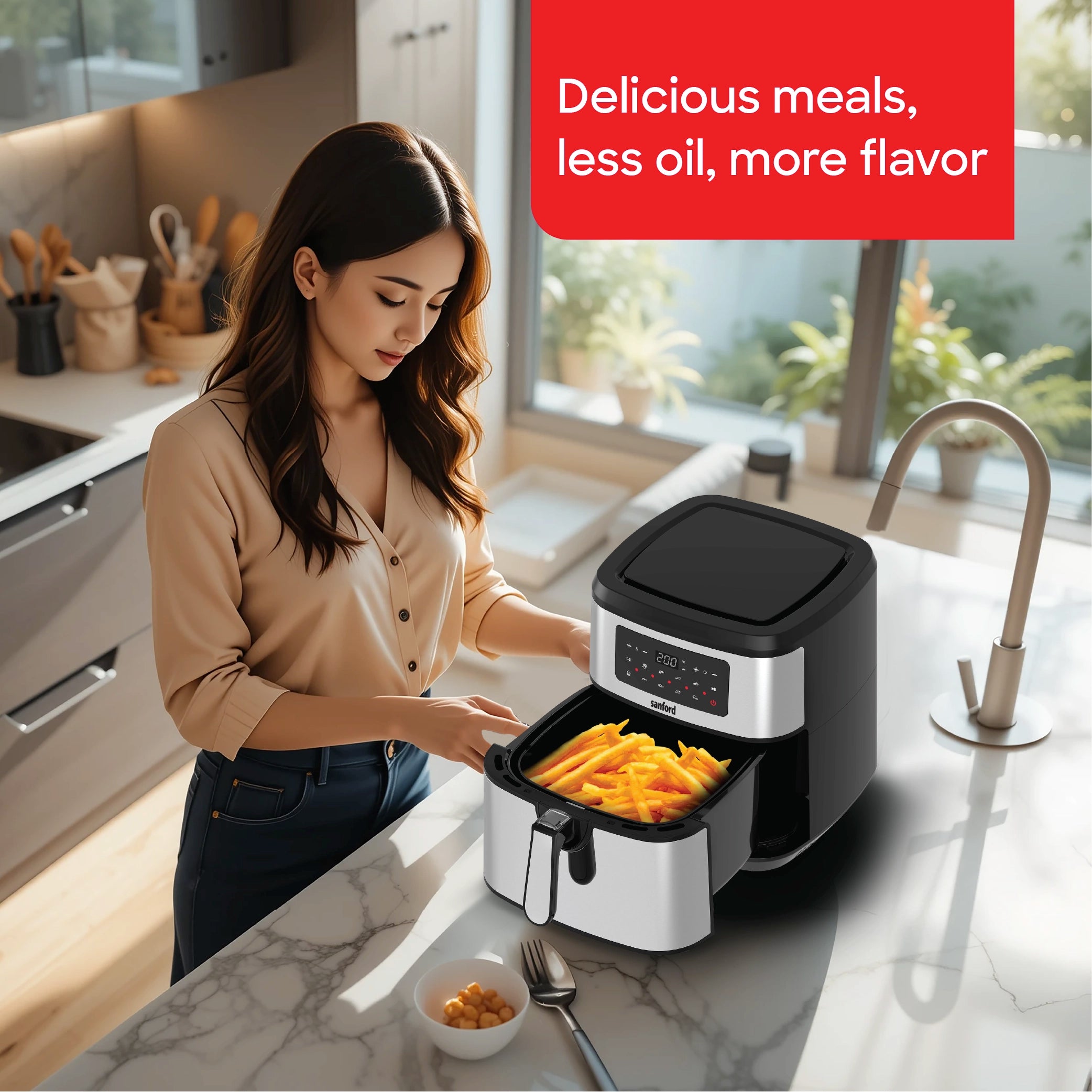 Sanford SF2460AF-A 9.2L Digital Air Fryer – lifestyle shot, woman cooking with the air fryer