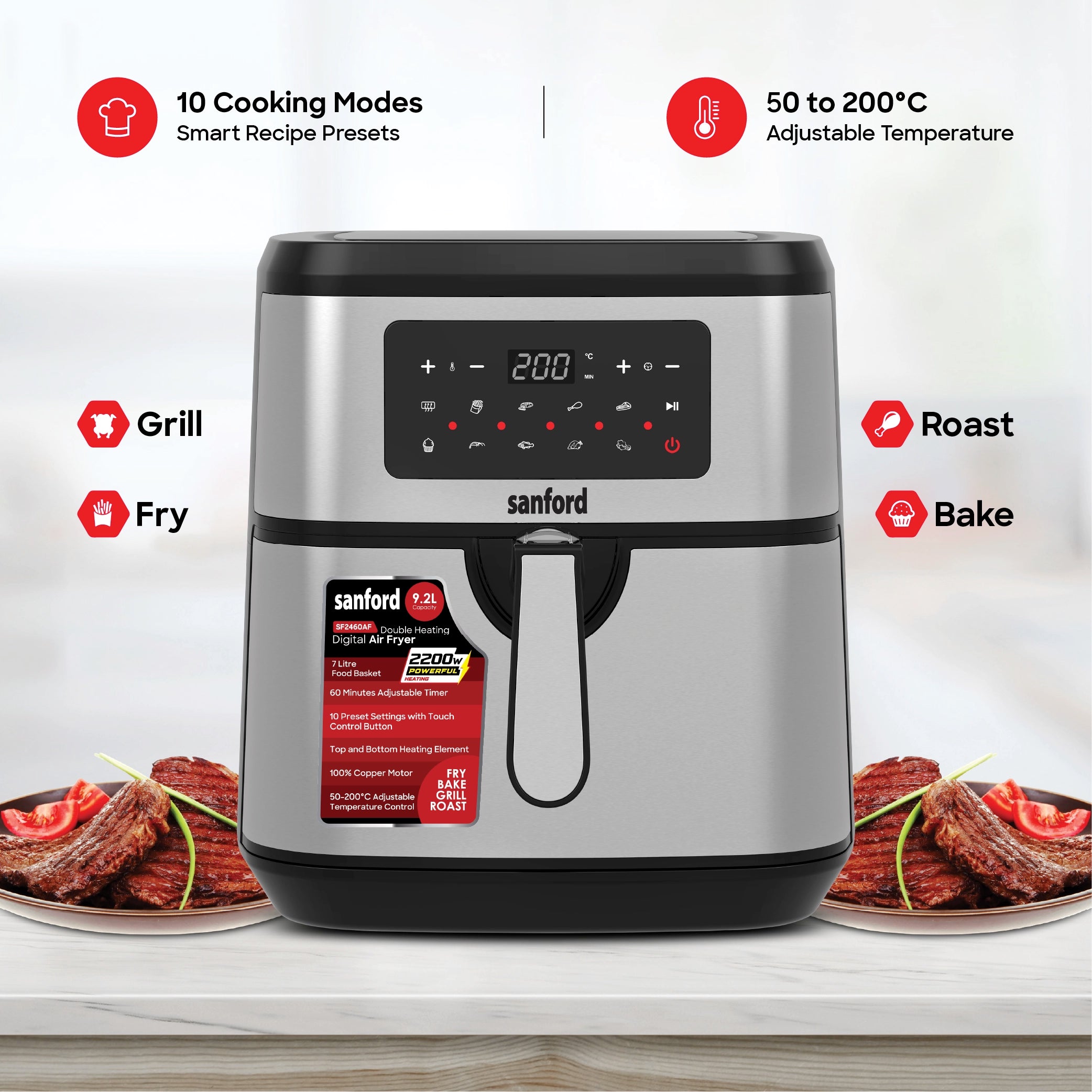 Sanford SF2460AF-A 9.2L Digital Air Fryer – 10 cooking modes and oil-free frying feature callout