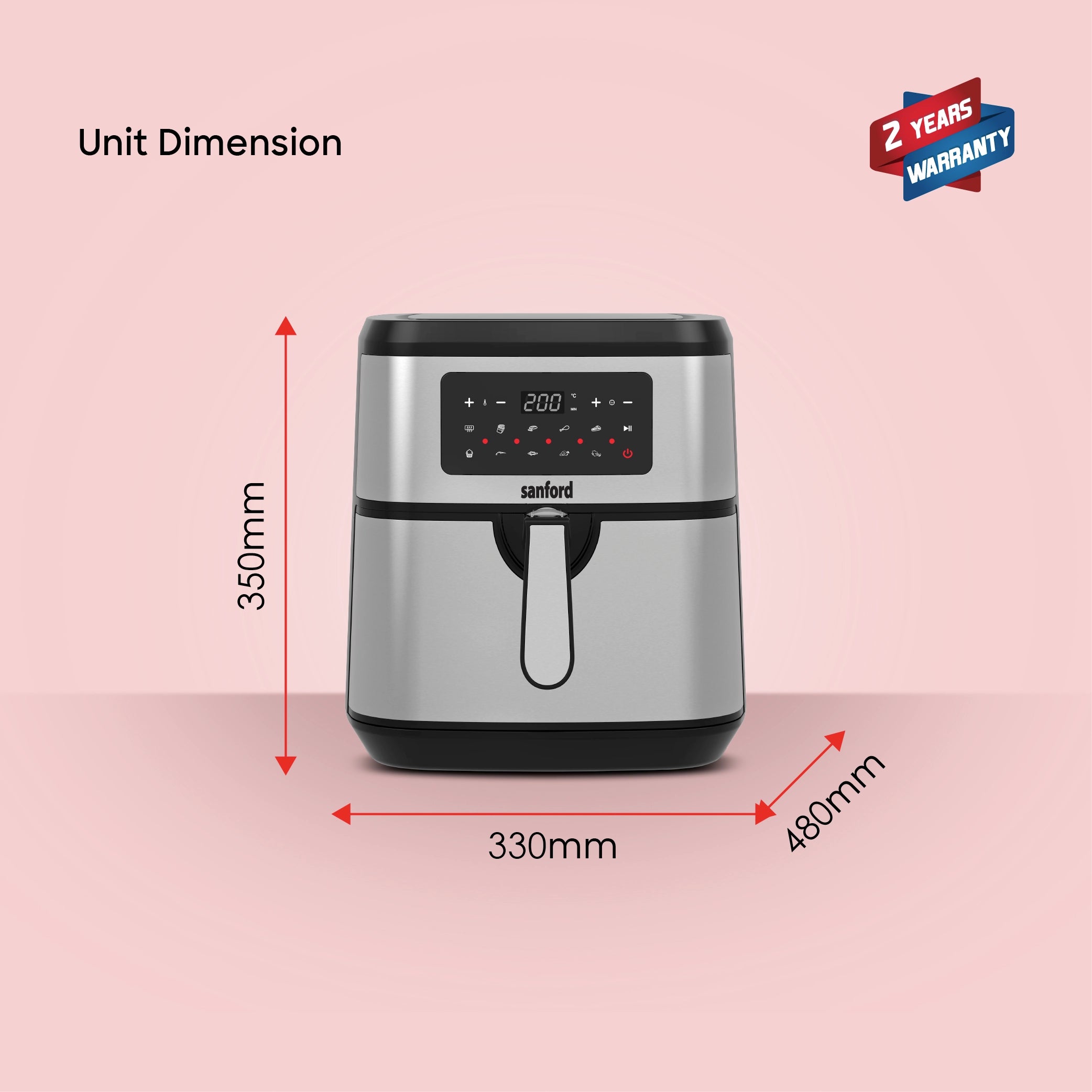 Sanford SF2460AF-A 9.2L Digital Air Fryer – unit dimensions and measurements