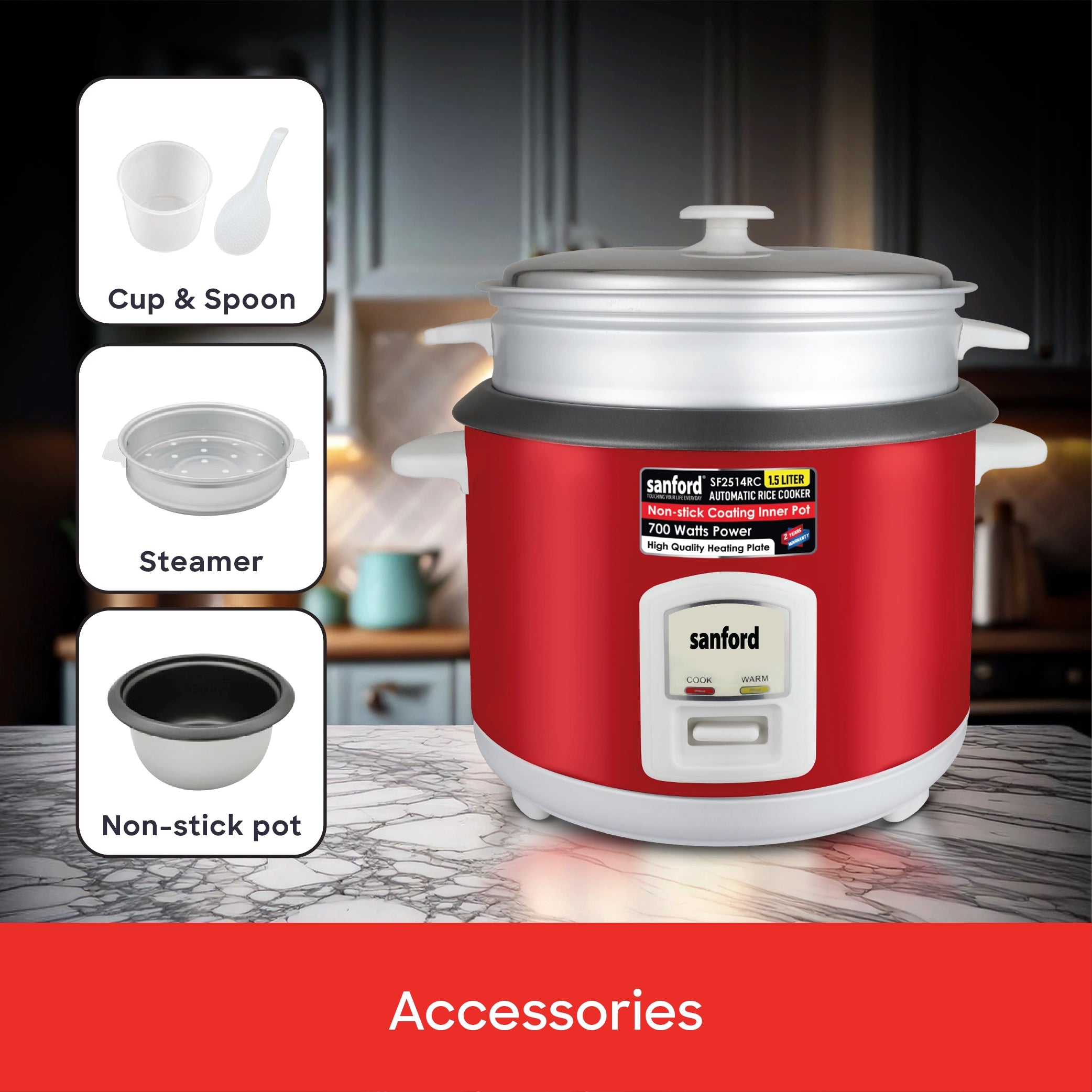 2.2L rice cooker 900W with non stick inner pot & steamer sanford 5