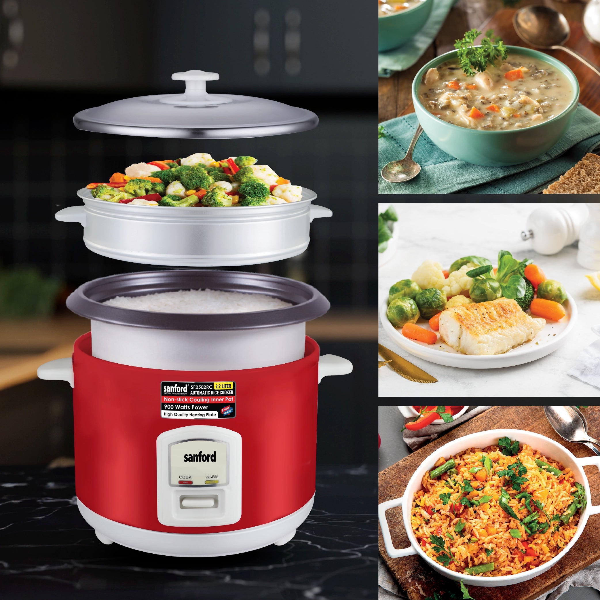 2.2L rice cooker 900W with non stick inner pot & steamer sanford 6