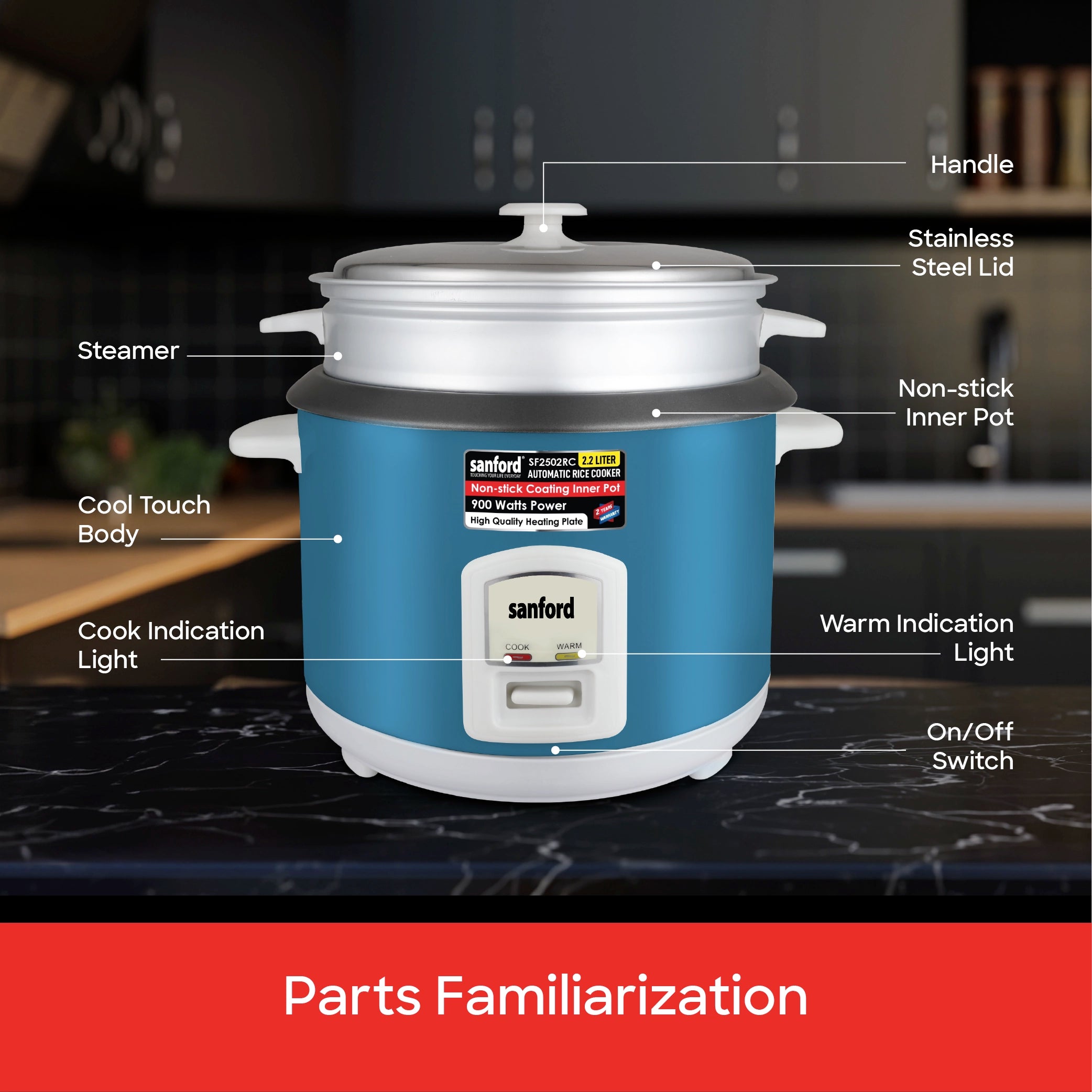 2.2L rice cooker 900W with non stick inner pot & steamer sanford 7