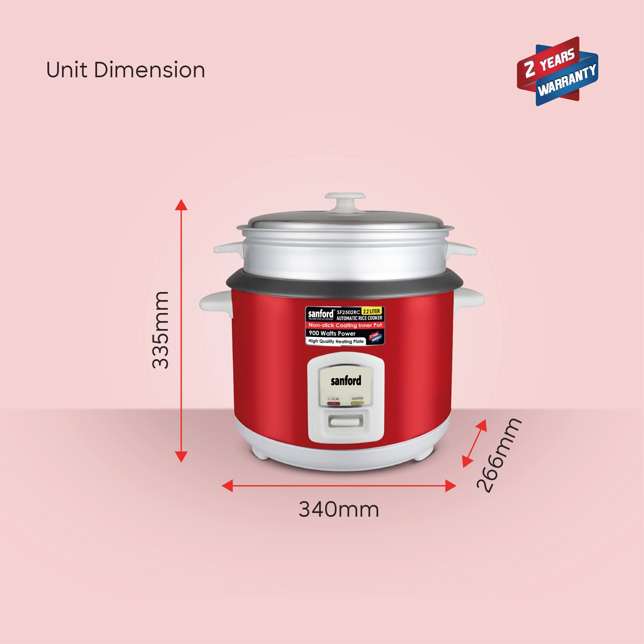 2.2L rice cooker 900W with non stick inner pot & steamer sanford 9