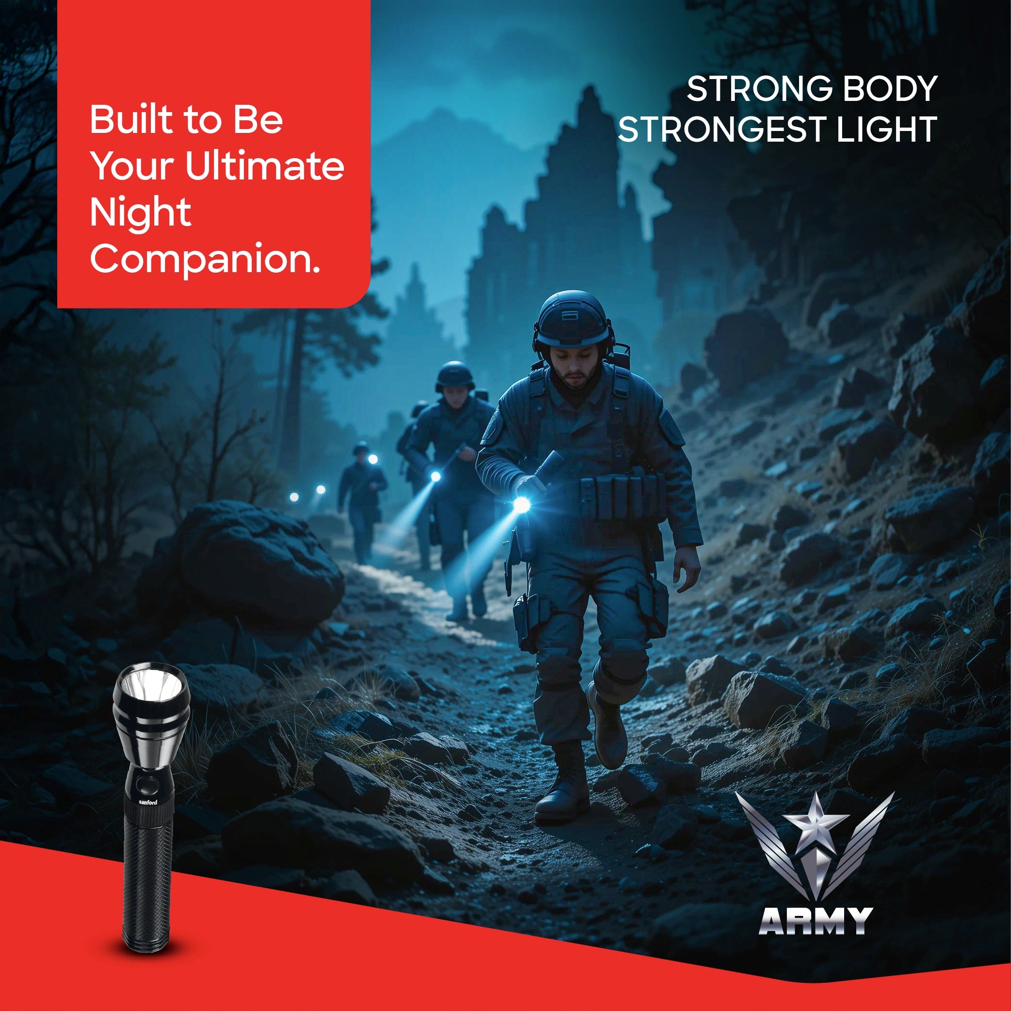 5W Army Series LED flashlight with 900 meter range and 60 sanford 2