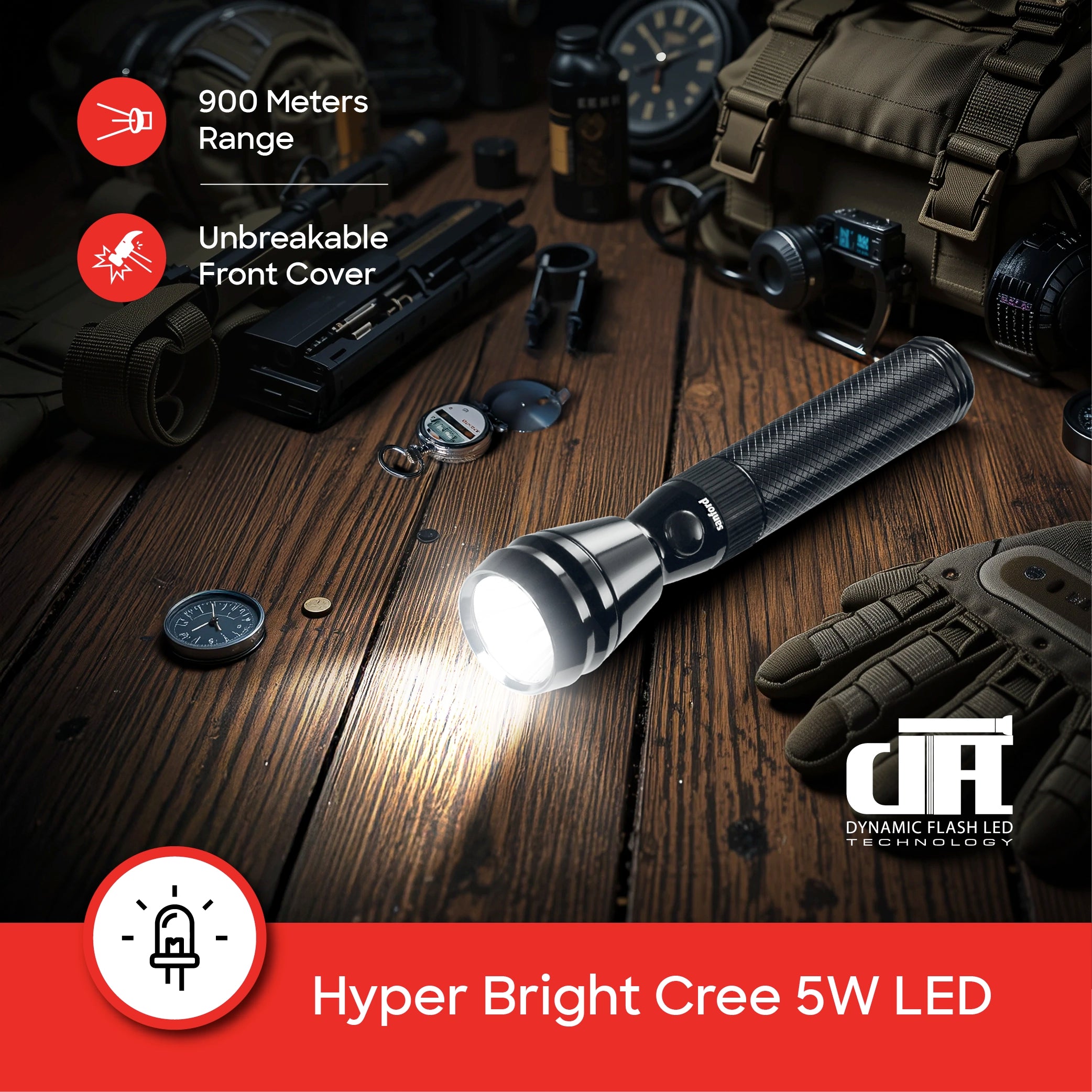 5W Army Series LED flashlight with 900 meter range and 60 sanford 4