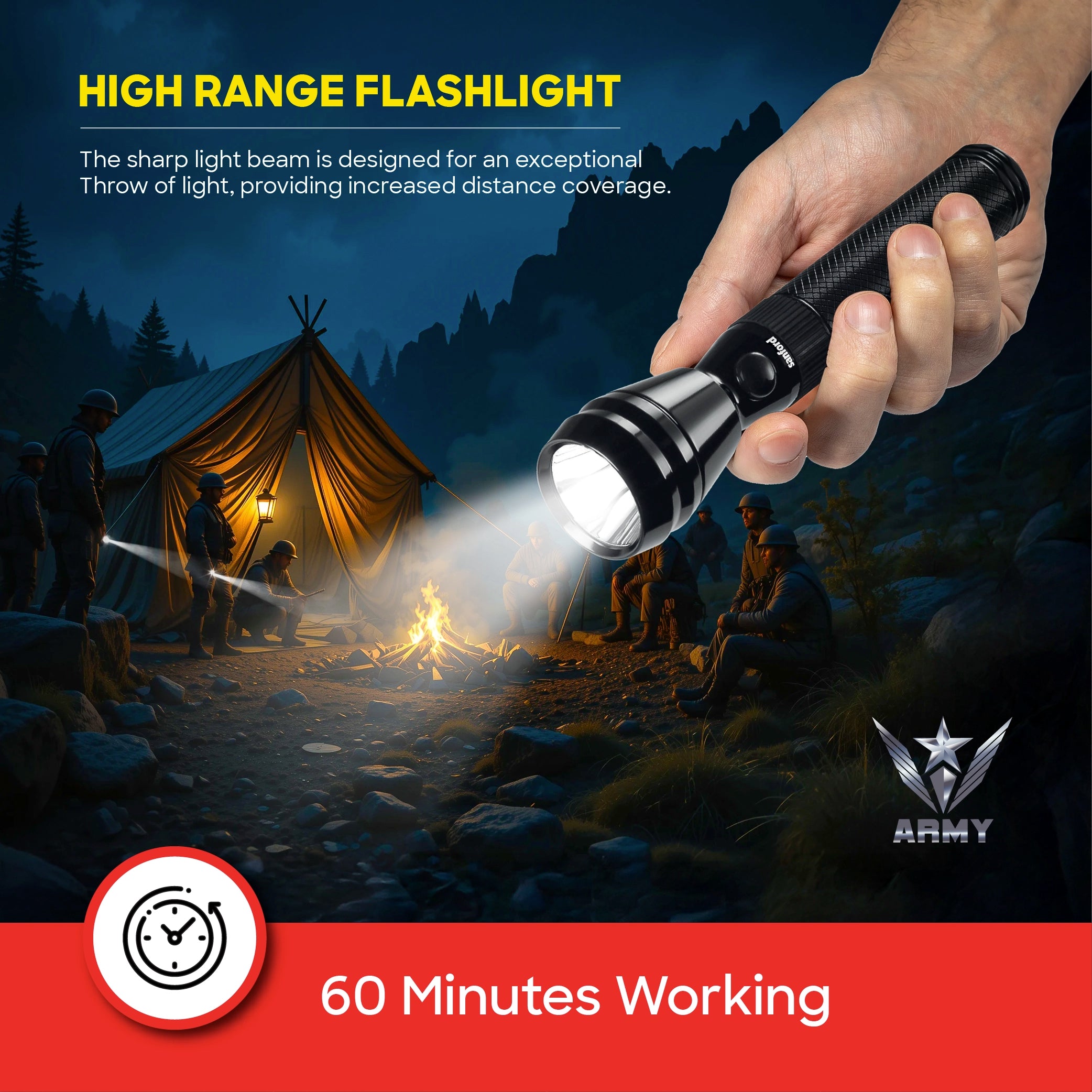 5W Army Series LED flashlight with 900 meter range and 60 sanford 5