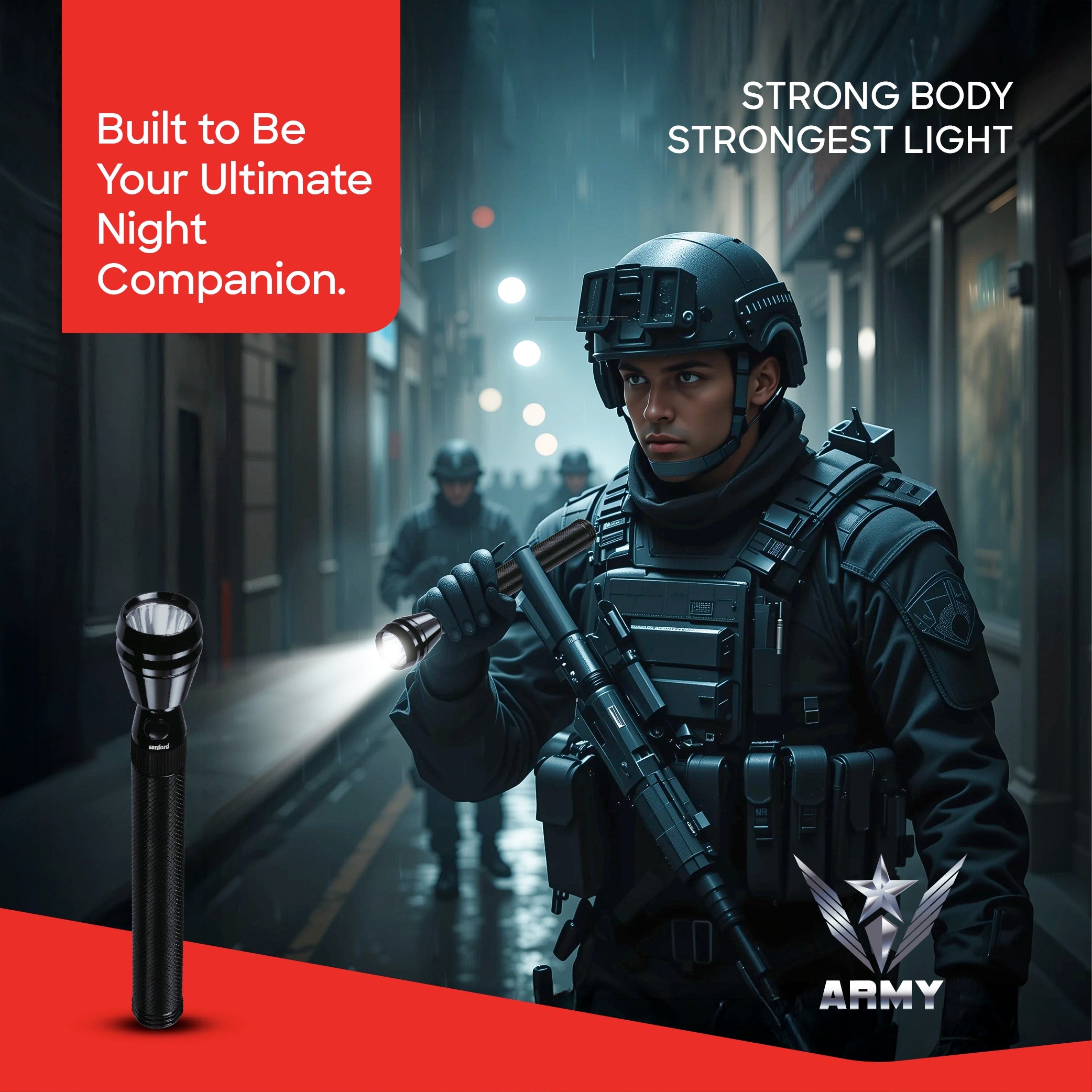 5W Army Series LED flashlight with 1000 meter range and 2 sanford 2