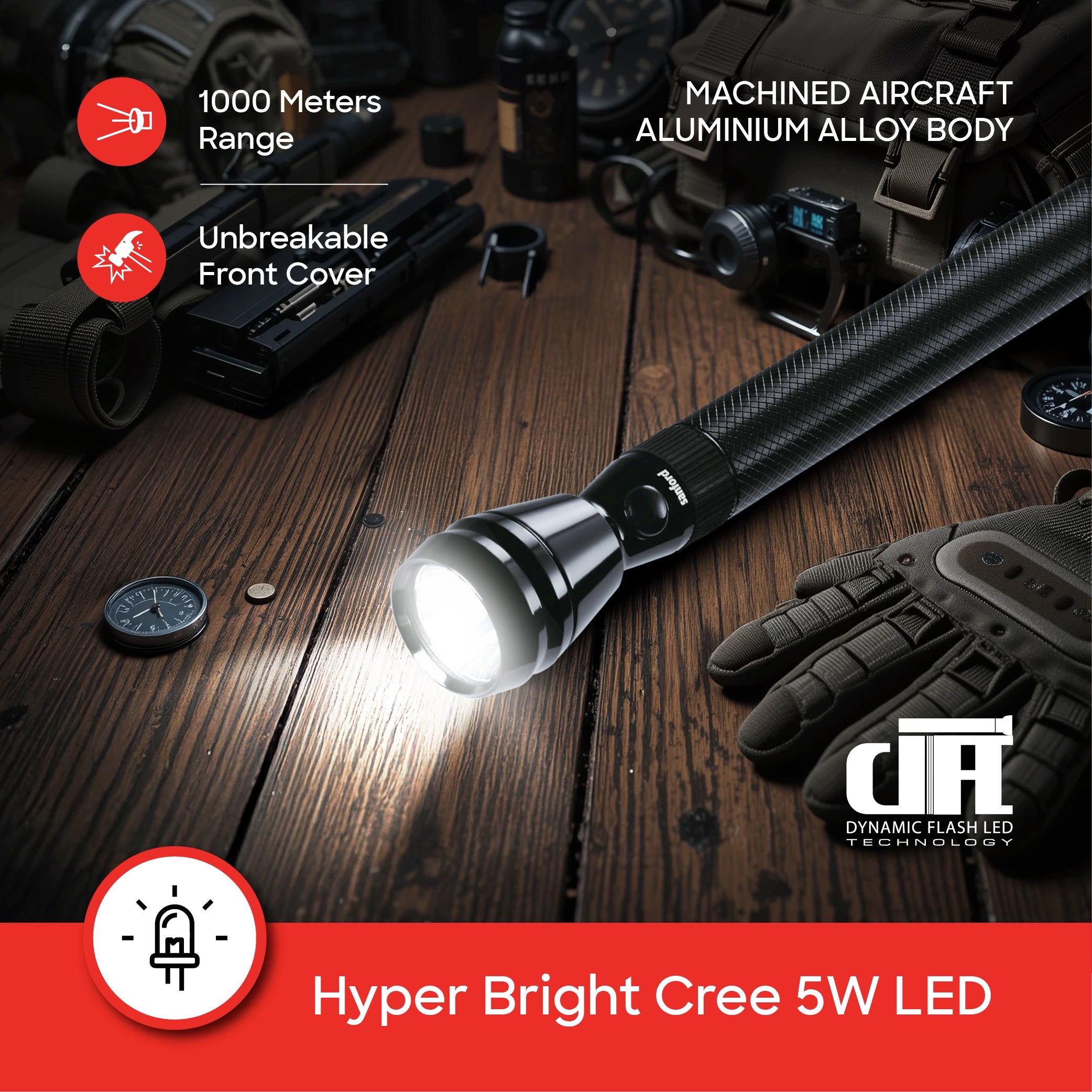 5W Army Series LED flashlight with 1000 meter range and 2 sanford 4