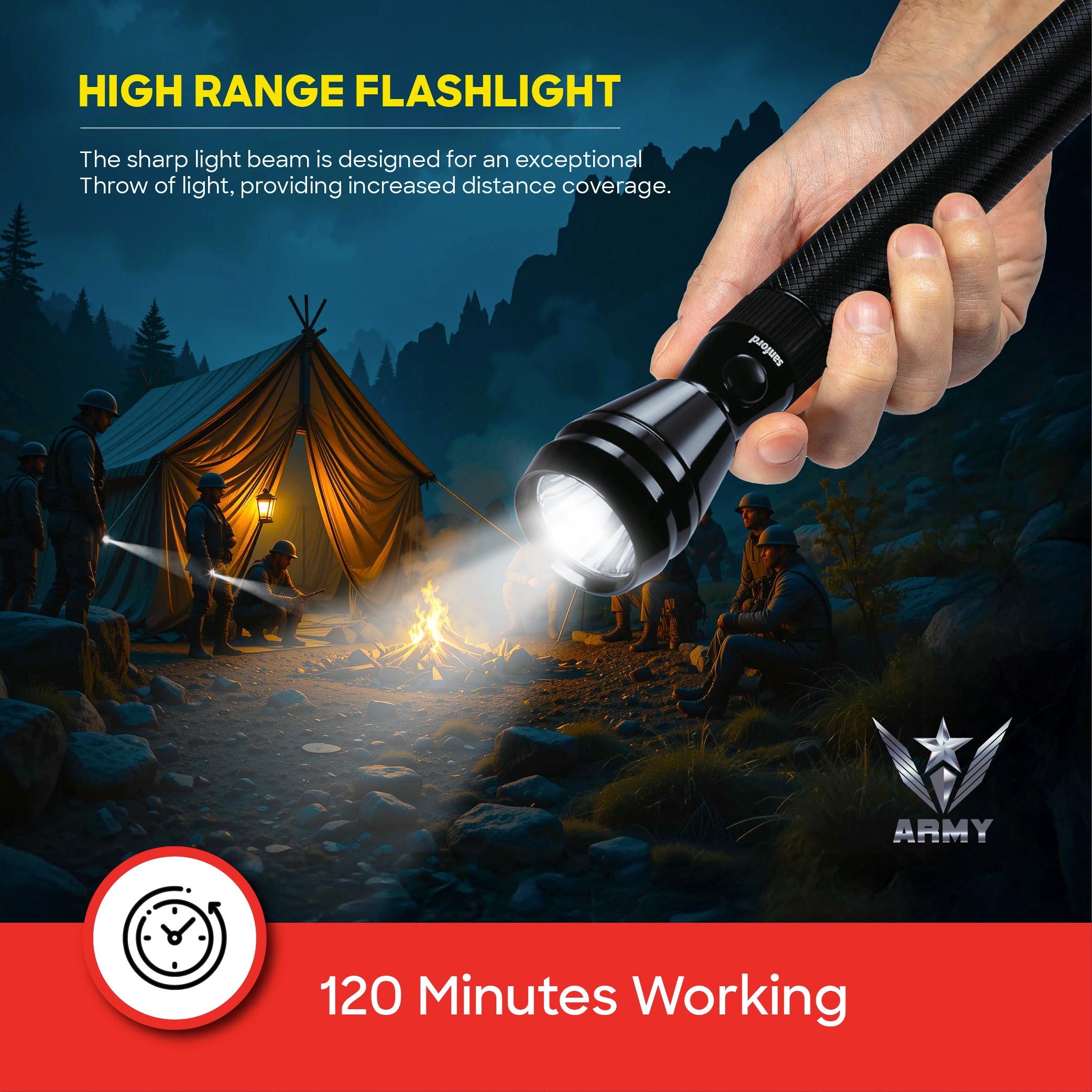 5W Army Series LED flashlight with 1000 meter range and 2 sanford 5