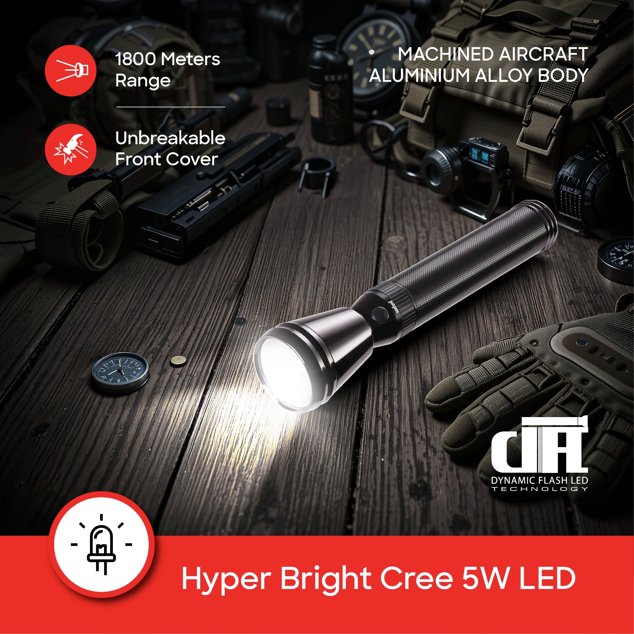 5W Army Series LED flashlight with 1800 meter range and 6 sanford 4