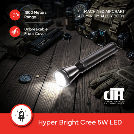 Sanford flashlight 6-hour continuous runtime on 2D batteries