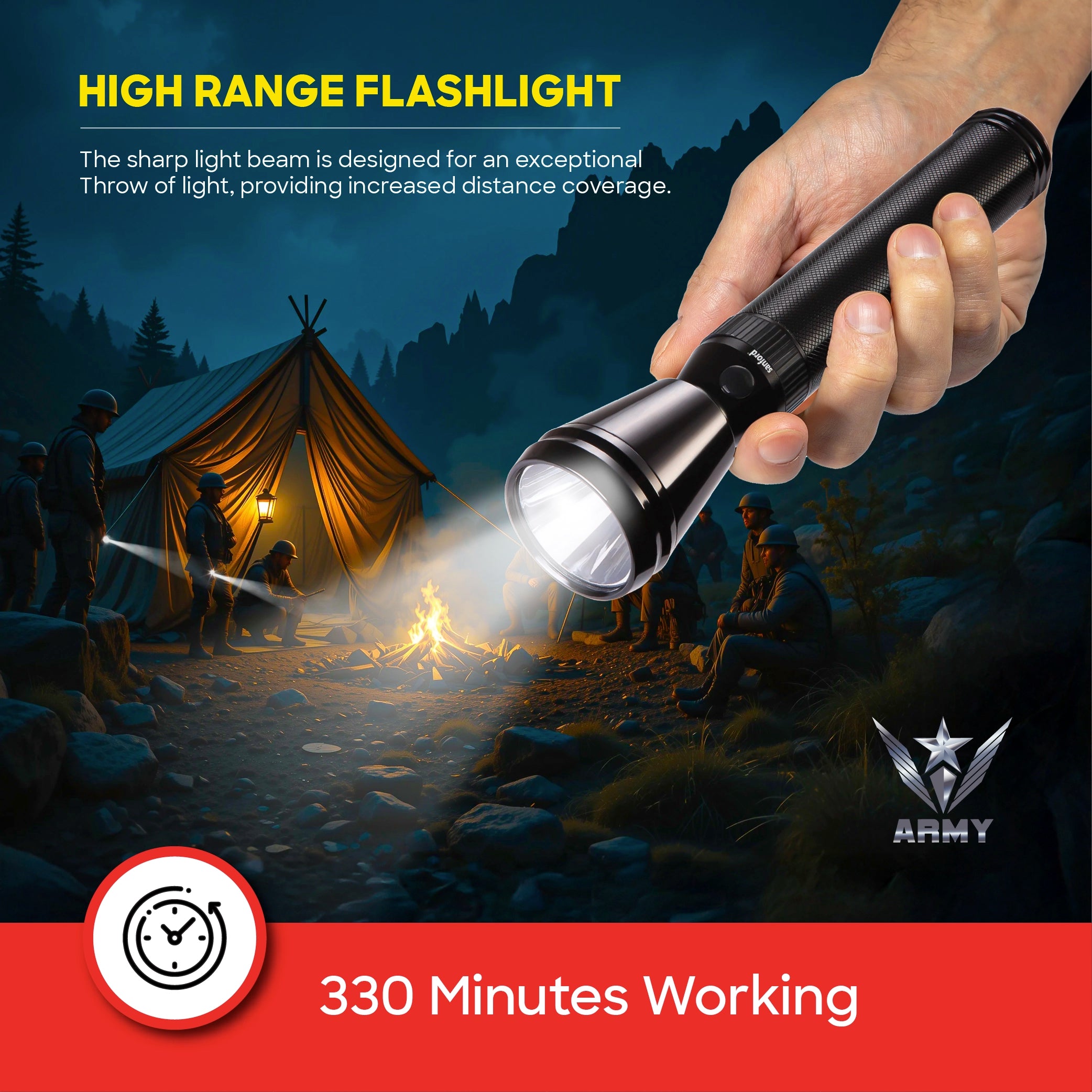5W Army Series LED flashlight with 1800 meter range and 6 sanford 5