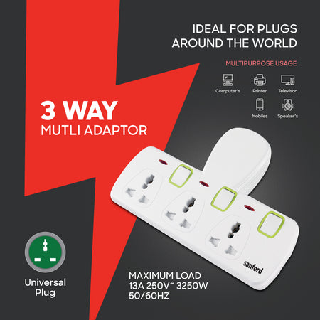 3 way extension socket multi plug 13A fused design sanford 3