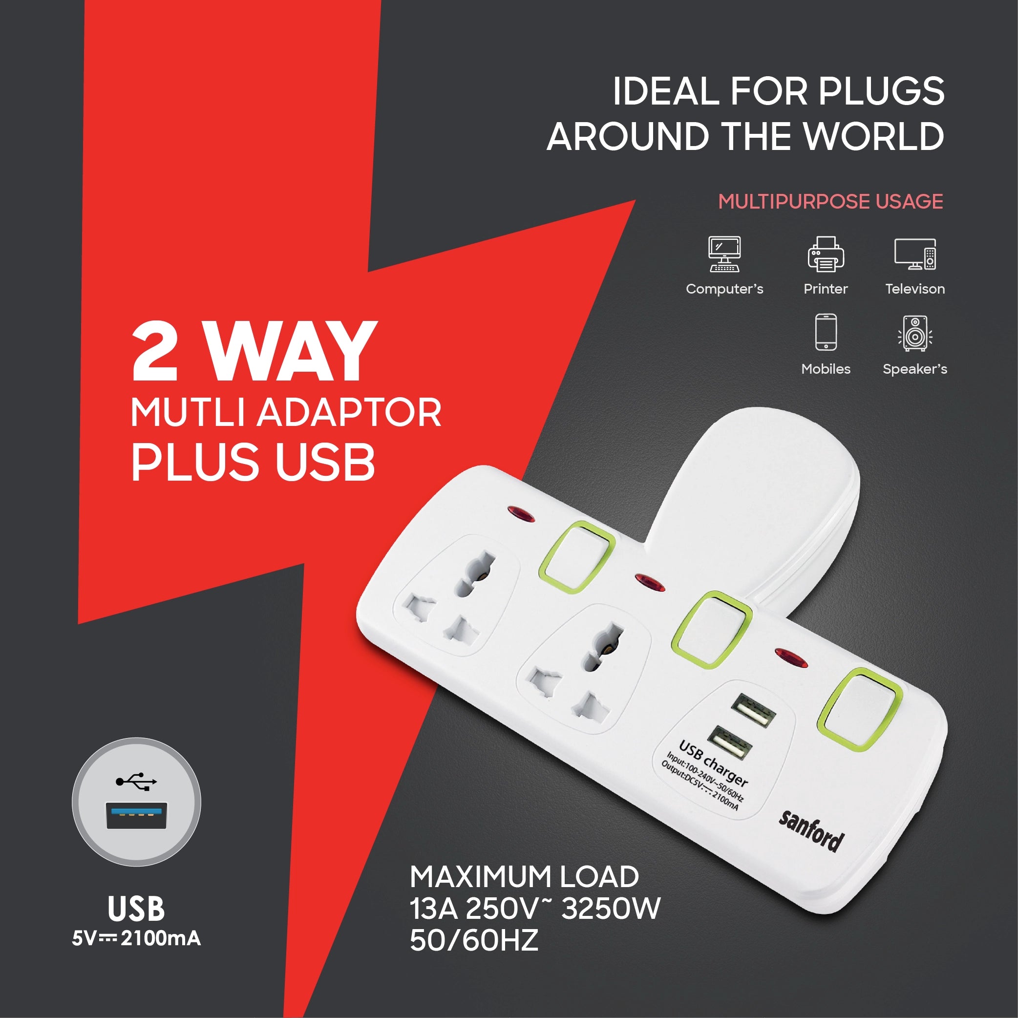 Extension Socket 2 Way Multi Plug with USB 13A sanford 3