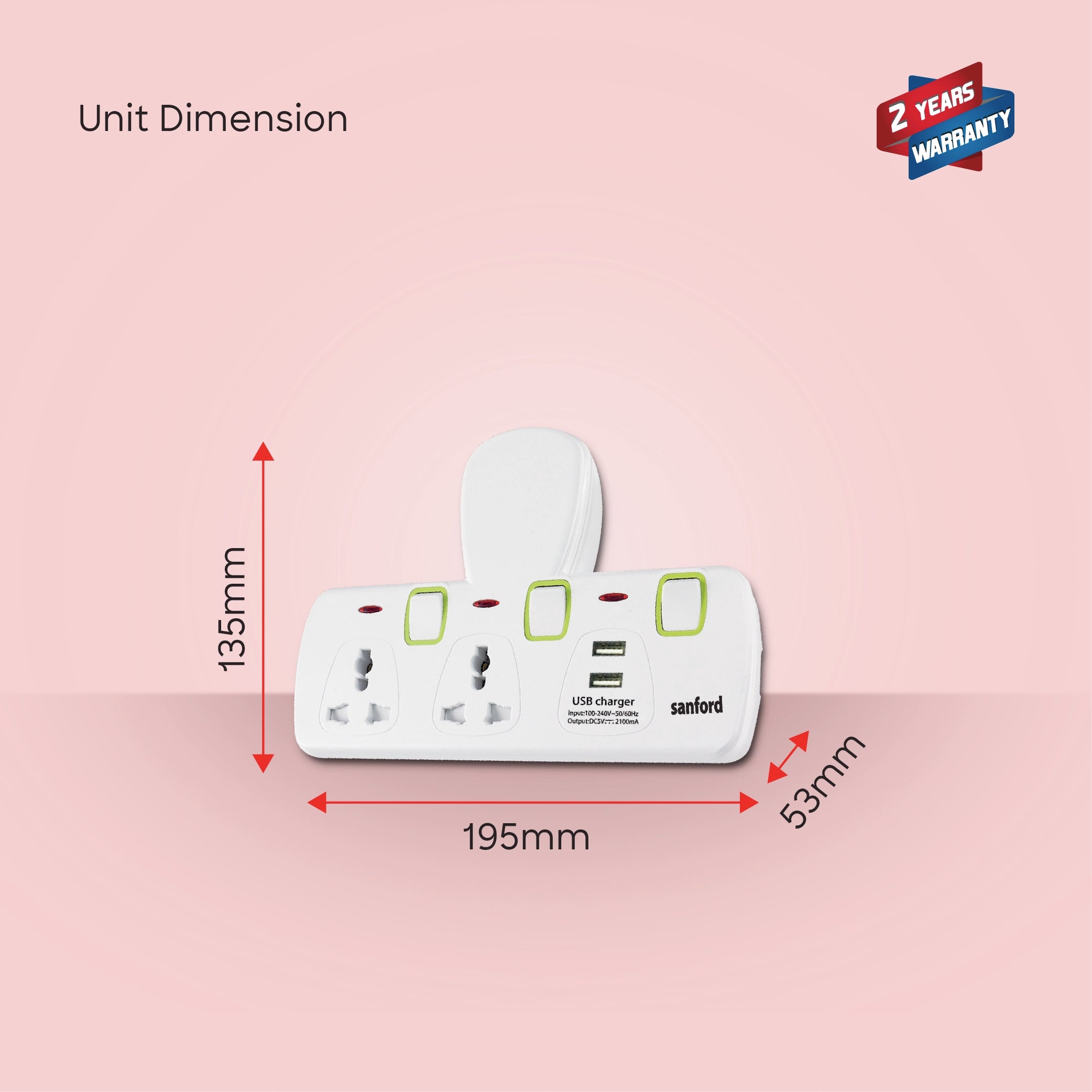 Extension Socket 2 Way Multi Plug with USB 13A sanford 6