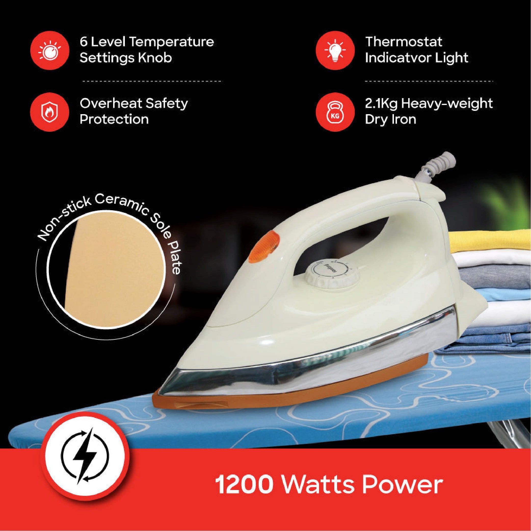 Dry iron 1200W with non stick ceramic soleplate for smooth pressing sanford 3
