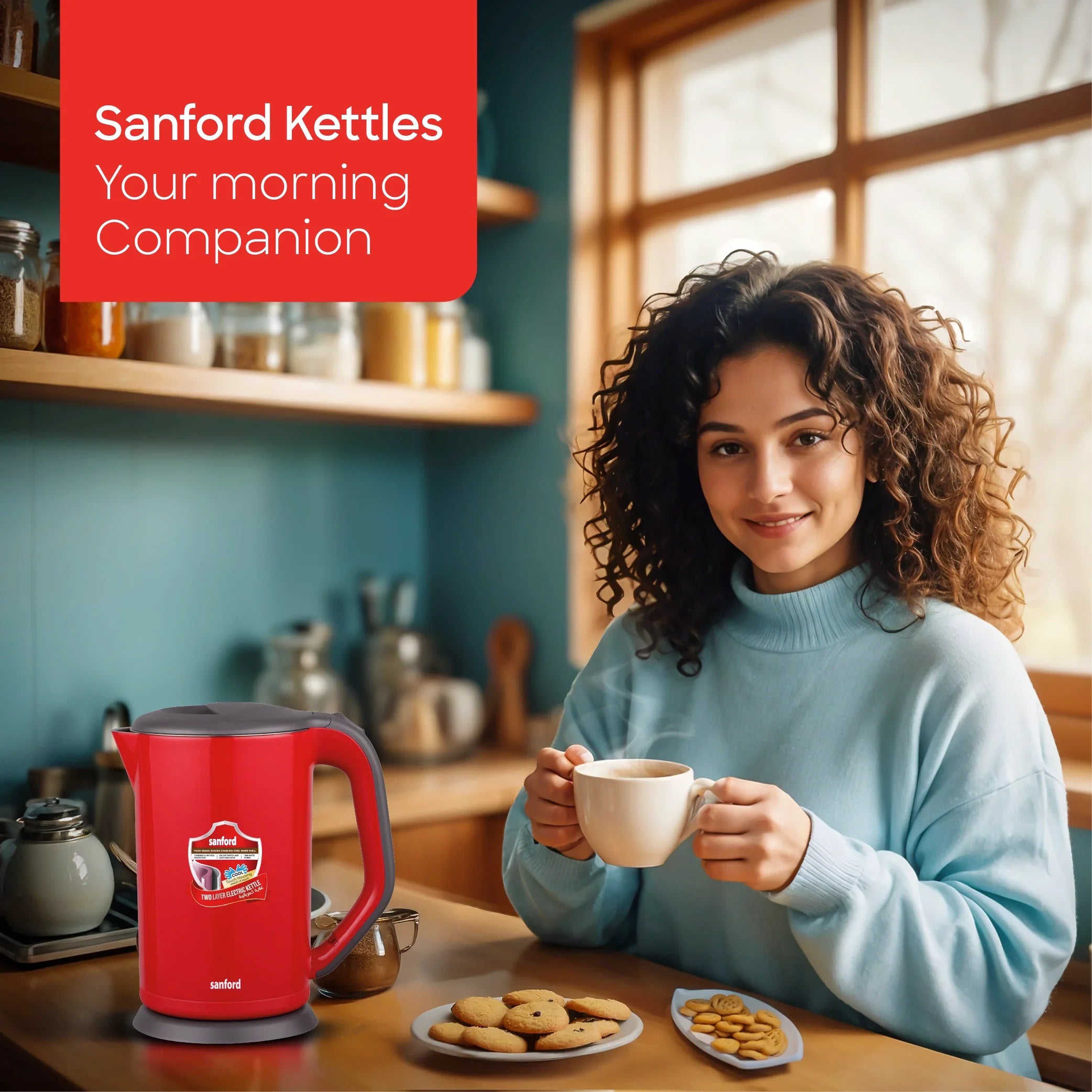 Sanford SF3328EK 1.7L Electric Kettle – lifestyle shot, woman with coffee cup