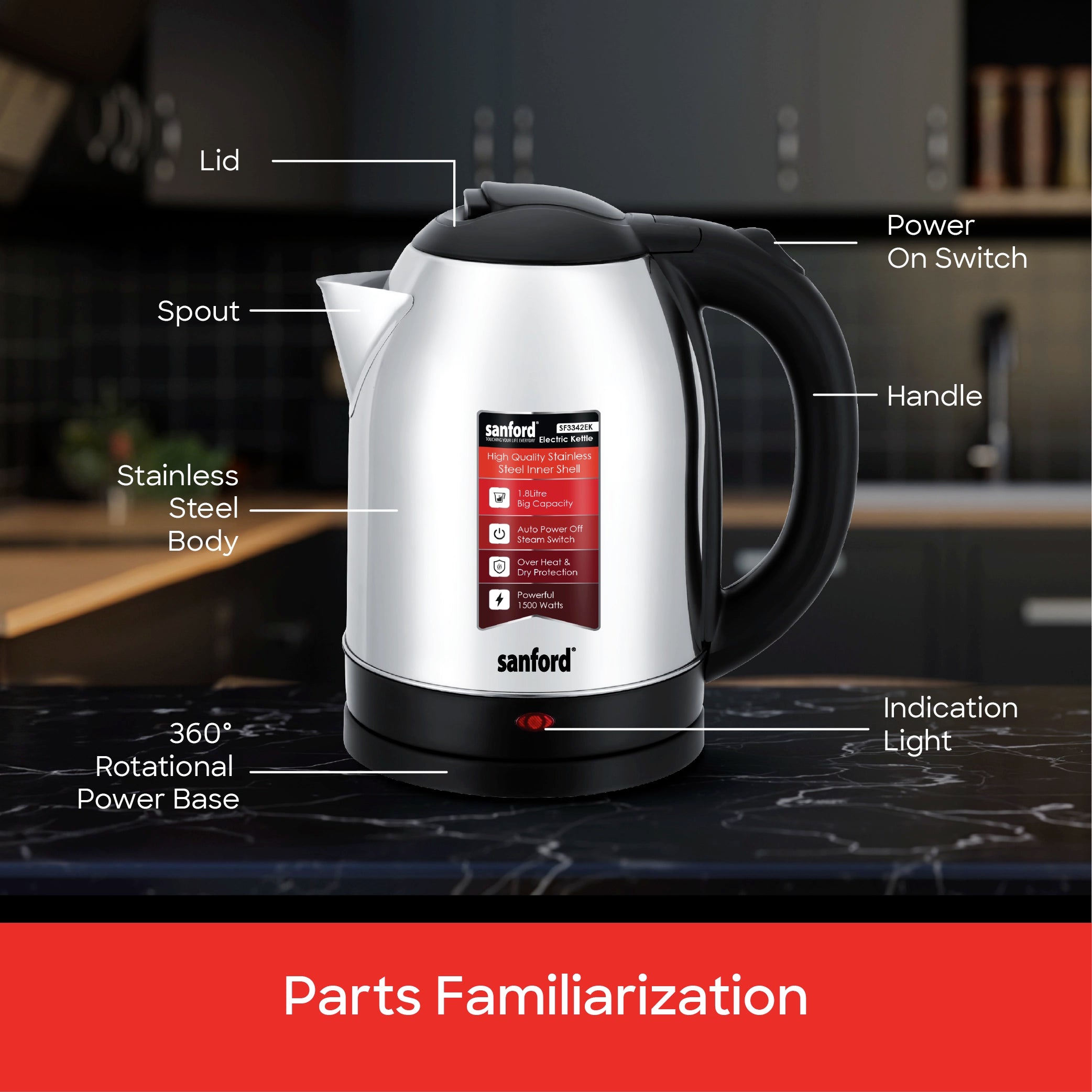best electric kettle 1.8L steel inner shell & cool touch body sanford 6