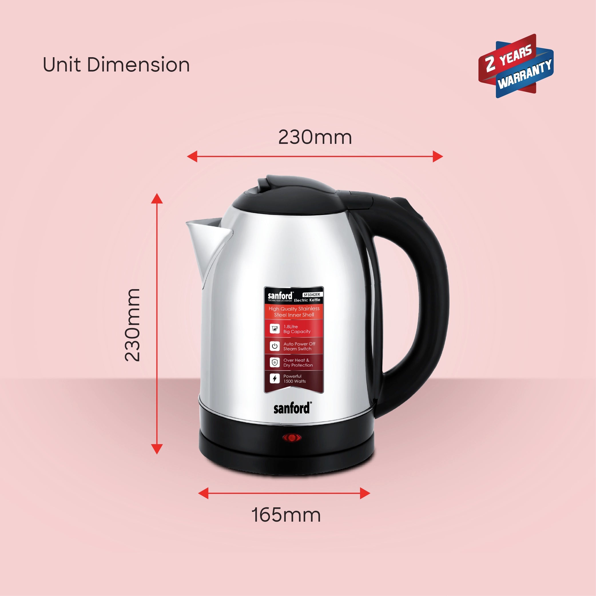 best electric kettle 1.8L steel inner shell & cool touch body sanford 7