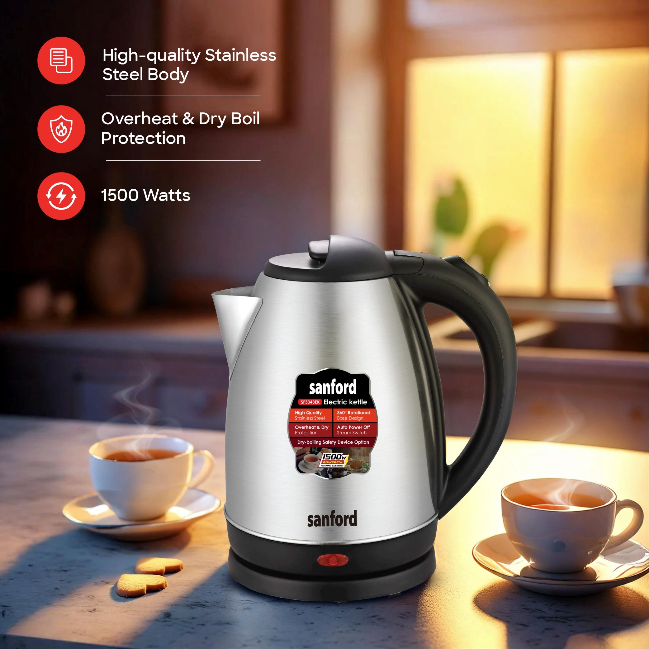 best electric kettle 1.8L 1500W Power stainless steel Body sanford 3