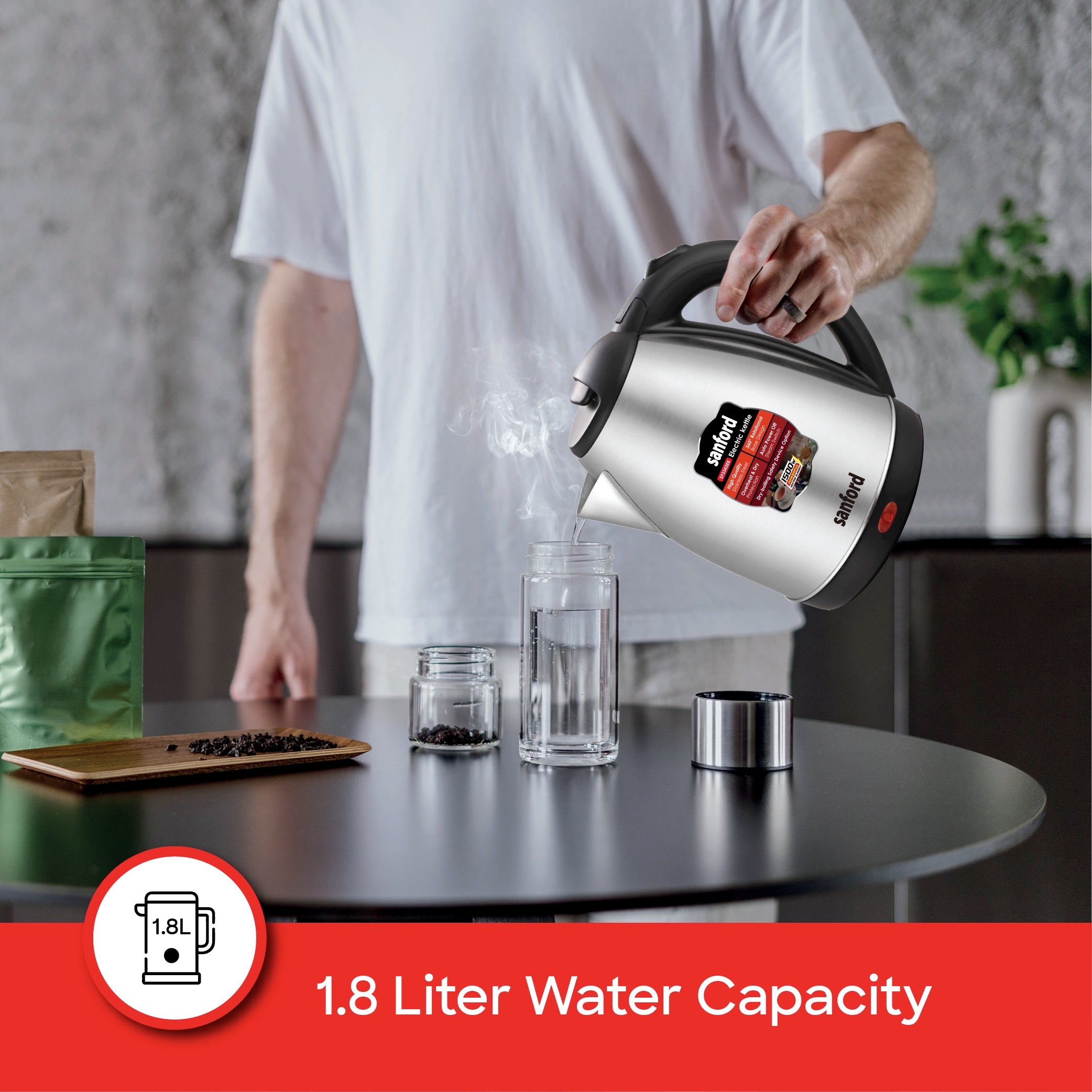 Sanford SF3343EK 1.8L Electric Kettle Matte Finish – 1.8L water capacity feature callout