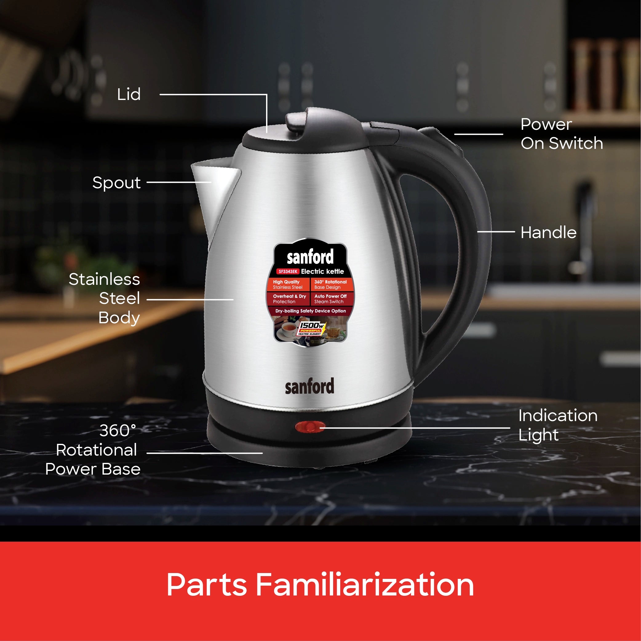 best electric kettle 1.8L 1500W Power stainless steel Body sanford 6